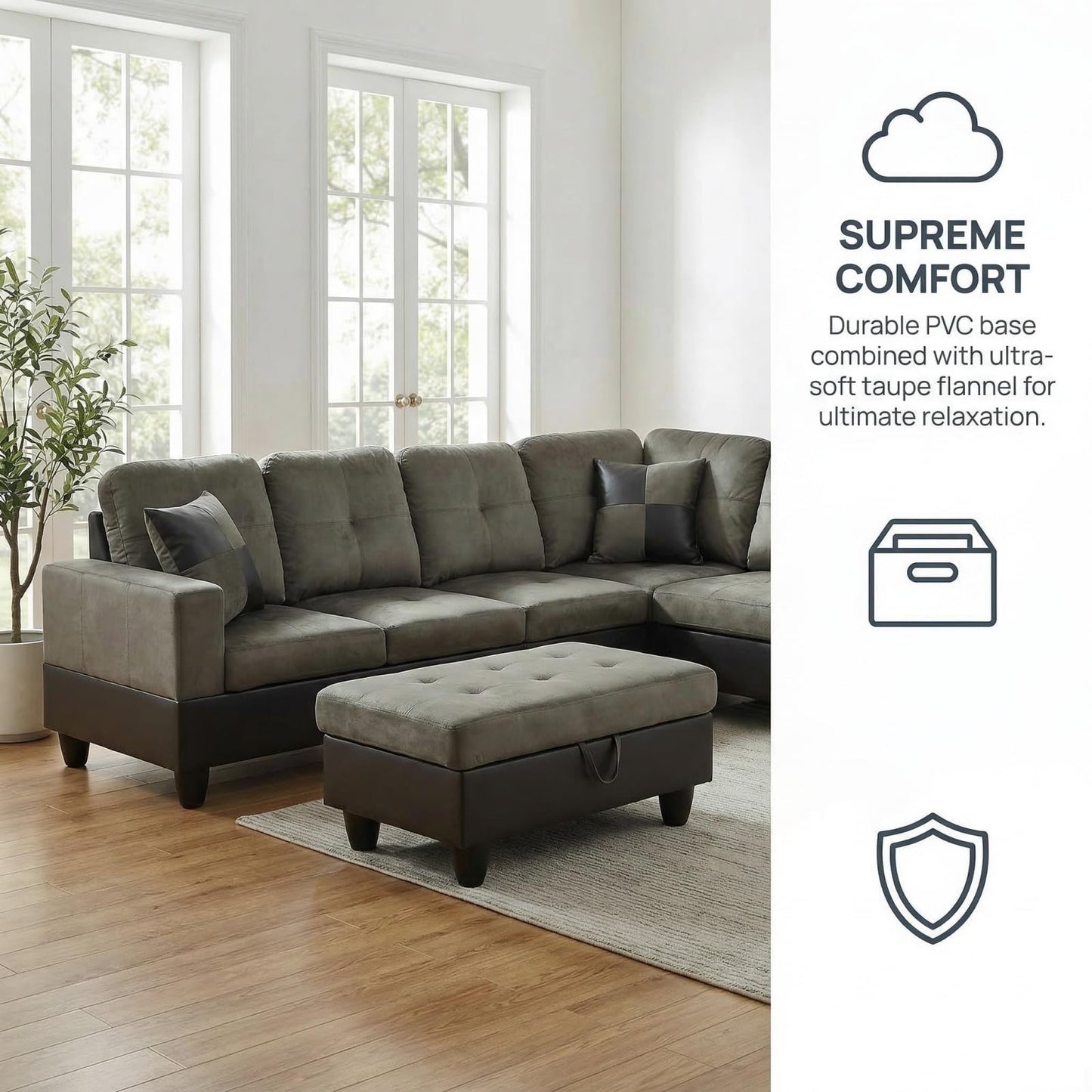 Trygoal 103.5 inch L-Shape Sofa with Storage Ottoman, Flannel Sectional Couch with Right Chaise, Modern 3-Piece Sofa Set, Upholstered Couch Set with Solid Wood Frame for Apartment, Loft, Taupe