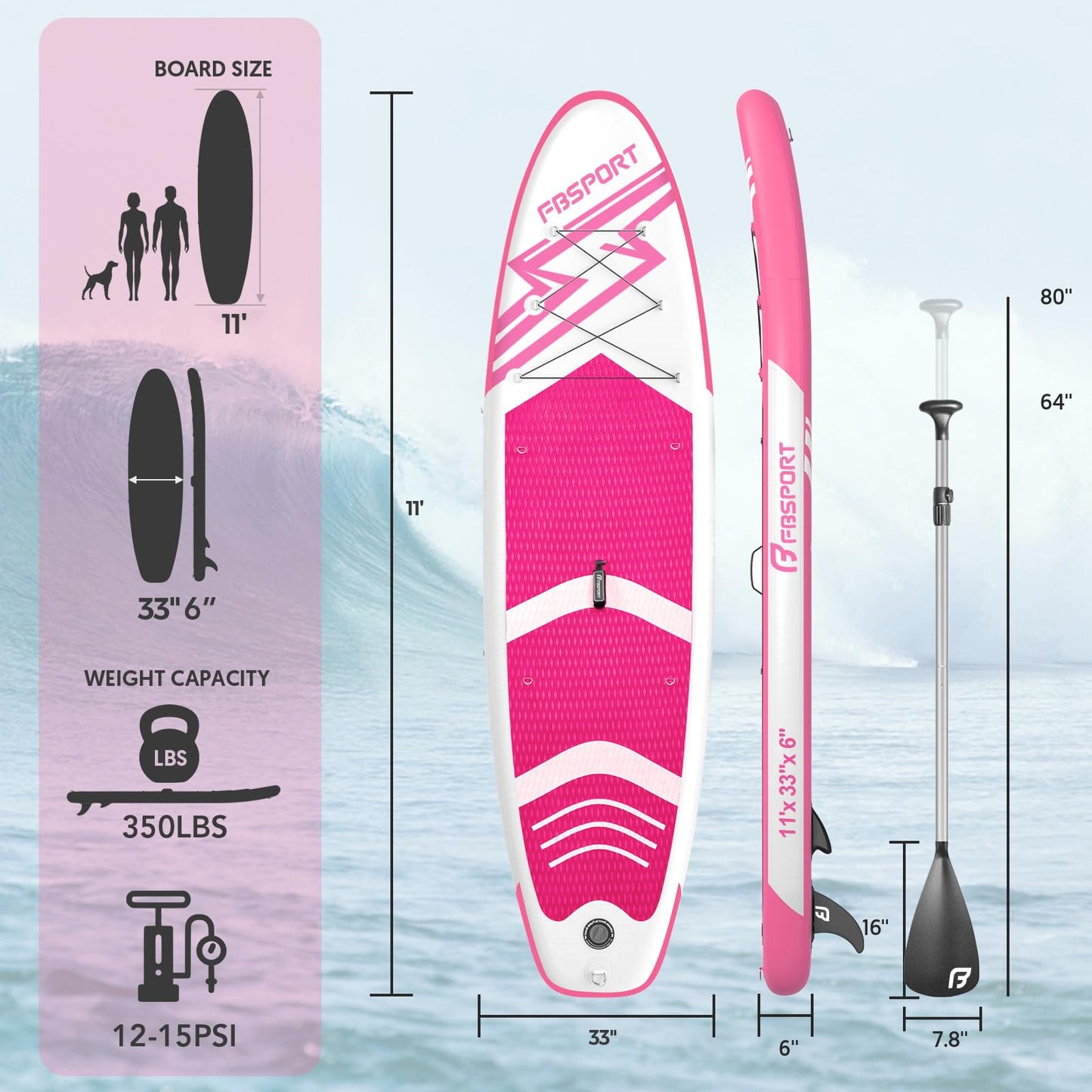 FBSPORT 11' Premium Stand Up Paddle Board, Yoga Board with SUP Accessories & Carry Bag | Wide Stance, Surf Control, Non-Slip Deck, Leash, Paddle and Pump for Youth & Adult (Pink)