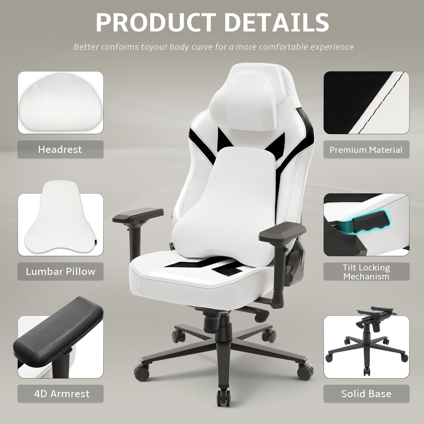 Ergonomic Gaming Chair, Wyrdforging Computer Desk Chairs, 4D Armrests, High Back Office Chair With Headrest & Lumbar Pillow, Tilt Rocker Recliner, Heavy-Duty Base, White PU Leather & Black Suede Combo