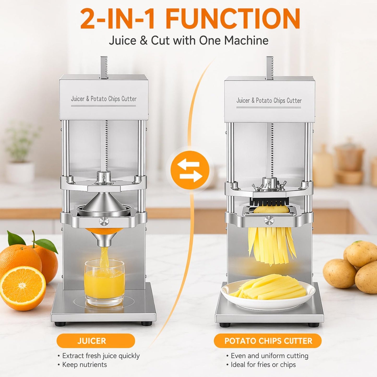 Juicer & Potato Chips Cutter, Electric Fry Cutter and Juice Extractor Machine, 7/9/13mm Blades, 304 Stainless Steel, Dual Power Supply Mode, for Potato, Carrot Strips, Orange Lemon