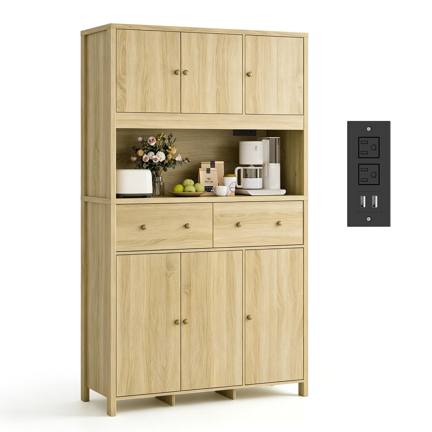 GarveeHome 71" Tall Kitchen Pantry Cabinet with Charing Station, Kitchen Pantry Storage Cabinet with Countertop, Modern Kitchens Hutch Cabinets with Storage for Living Room Dining Room, Natural