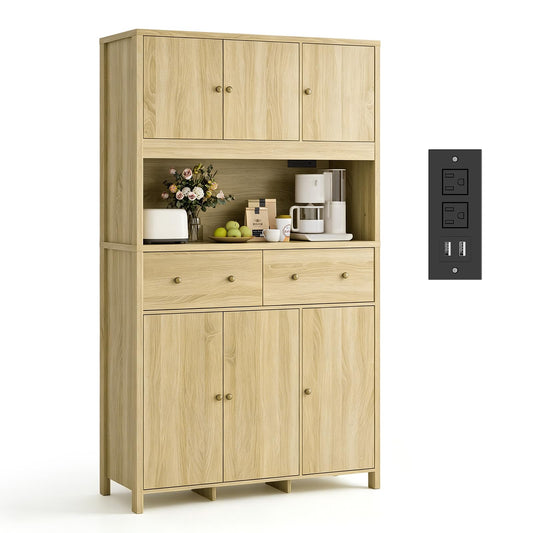 GarveeHome 71" Tall Kitchen Pantry Cabinet with Charing Station, Kitchen Pantry Storage Cabinet with Countertop, Modern Kitchens Hutch Cabinets with Storage for Living Room Dining Room, Natural