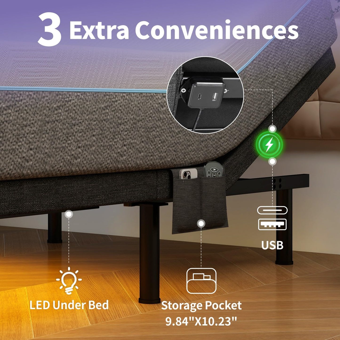 Vipbear Adjustable Bed with Mattress Queen Electric Bed Frame with Head and Foot Incline, Under Bed Light, Adjustable Legs, Zero Gravity Mode, 4 USB Ports, Wireless Remote