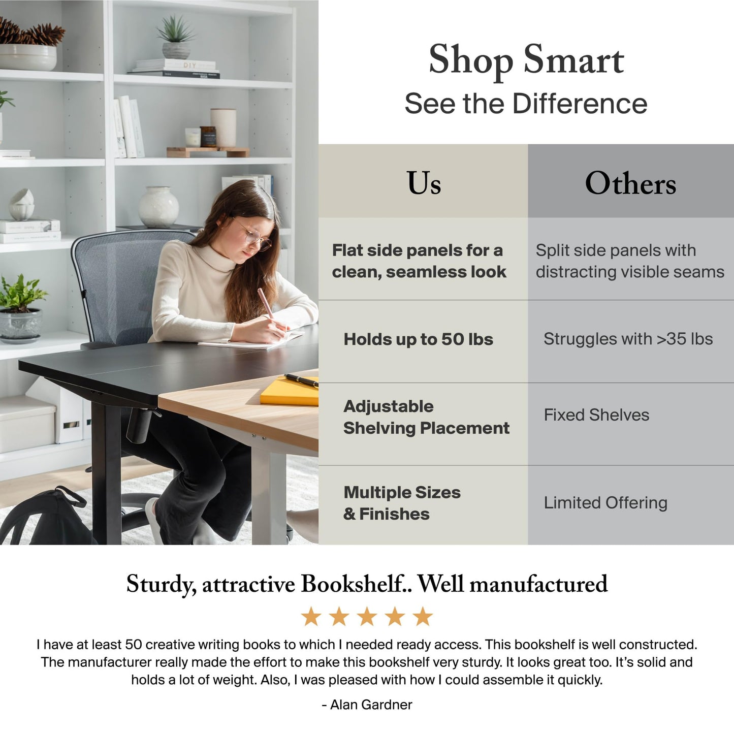 Bush Home Tall 5 Shelf Bookcase, Large Open Bookshelf, Sturdy Display Cabinet for Living Room or Home Office, Cabot Collection, White