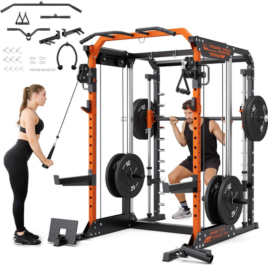 YOLEO Smith Machine with Independent Dual-Pulley System, 1700LBS Adjustable Cable Crossover Squat Rack, Multi-Functional Power Cage for Home Gym with More Workout Equipment LAT Pulldown Bar & Dip Bar