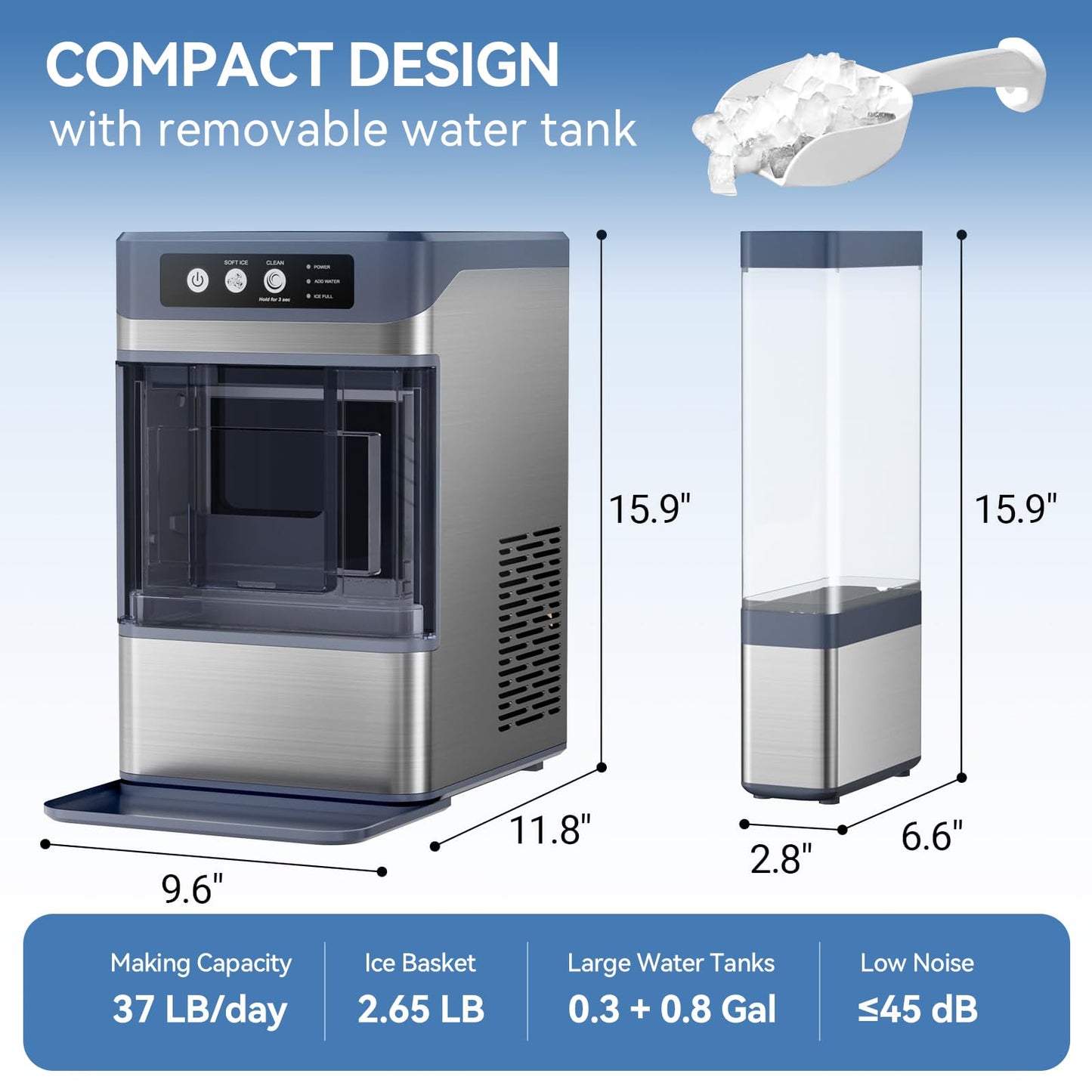 Nugget Ice Maker Countertop, Chewable Pellet Ice Machine, 37lbs/Day, 6-Min Fast Ice, One-Click Self-Cleaning, 0.8Gal Detachable Tank, Stainless Steel for Home/Kitchen/Office/Party
