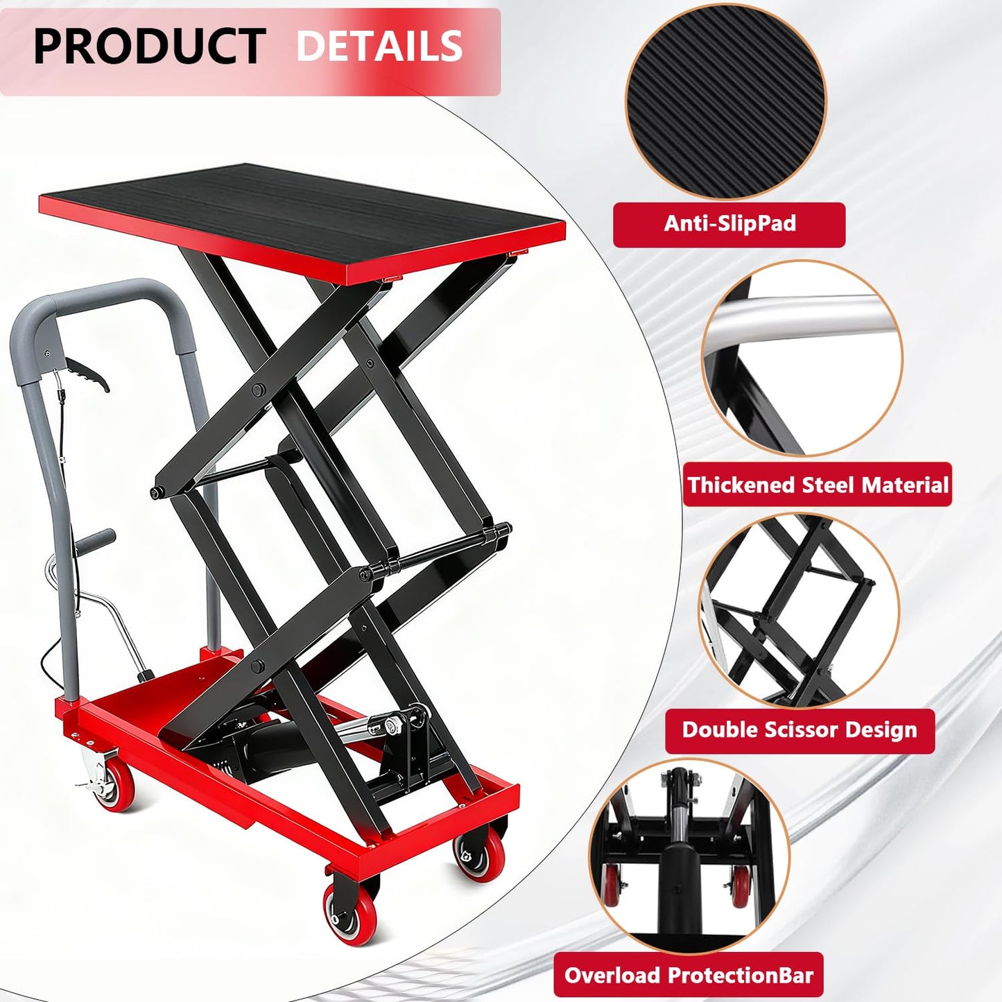Hydraulic Lift Table, 330 Lbs Capacity, 50" Lifting Height, Double Scissor Lift Table Cart with 4 Wheels and Non-Slip Pad, Manual Hydraulic Lifting Cart (Red, 330 LBS, Double Scissor)