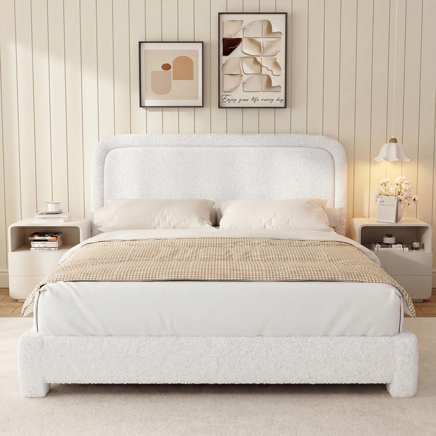 WEUP Queen Size Boucle Bed Frame, Upholstered Teddy Fabric Bed Frame with Headboard, Soft Rounded Corners, No Box Spring Required, Adjustable Headboard, Easy Assembly