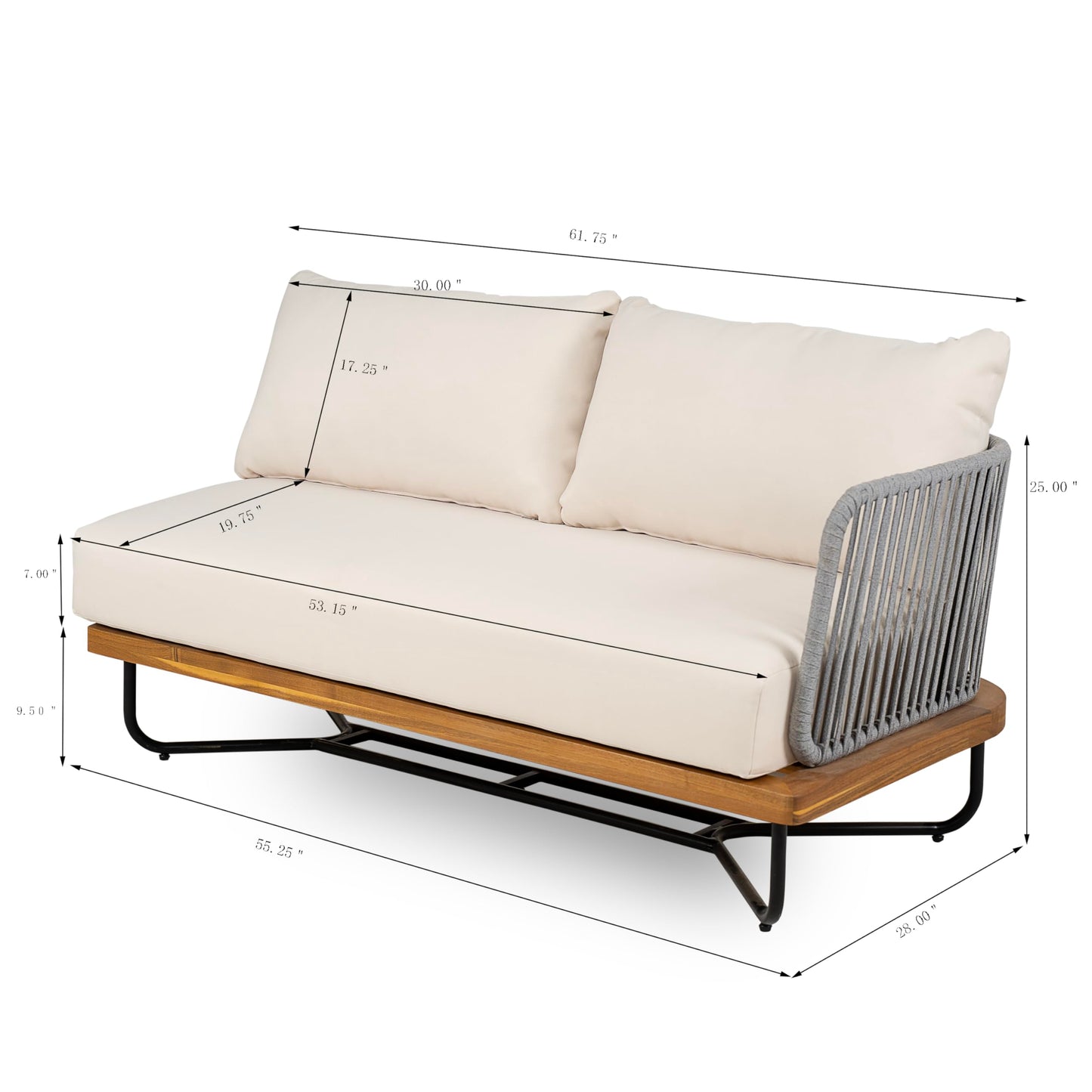 Merax 4 Piece Rope Woven Paito Conversation Set, All-Weather Acacia Wood 4-Seater Sectional Sofa,1 Armchairs with Sturdy Metal Base and Cushions,1 Coffee Table for Porch, Lawn, Backyard, Beige+Gray