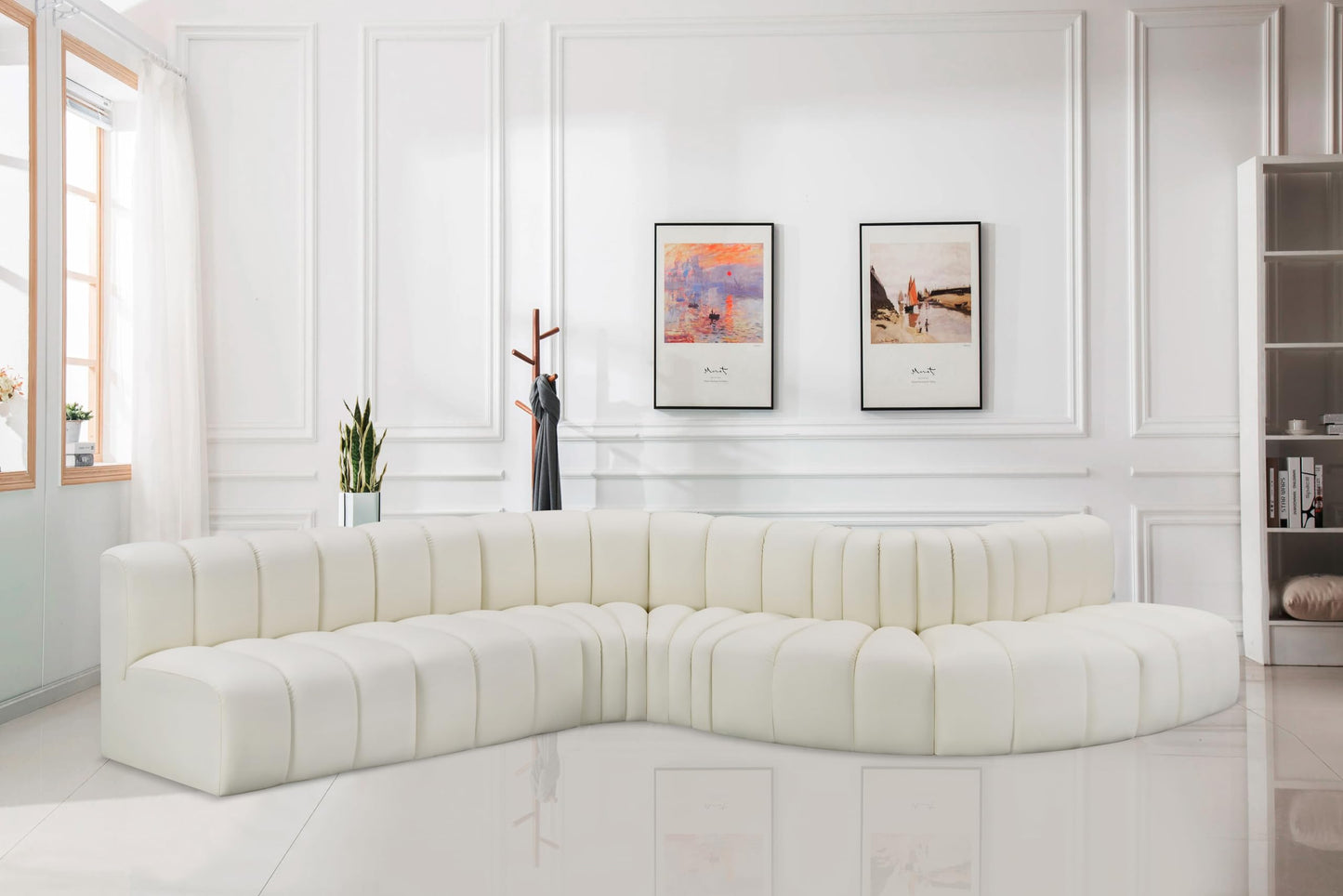 Meridian Furniture 101Cream-S7C Arc Collection Modern | Contemporary Modular Sofa with Soft Cream Vegan Leather, Deep Channel Tufting, Modular Design, 170" W x 62" D x 30" H, Cream