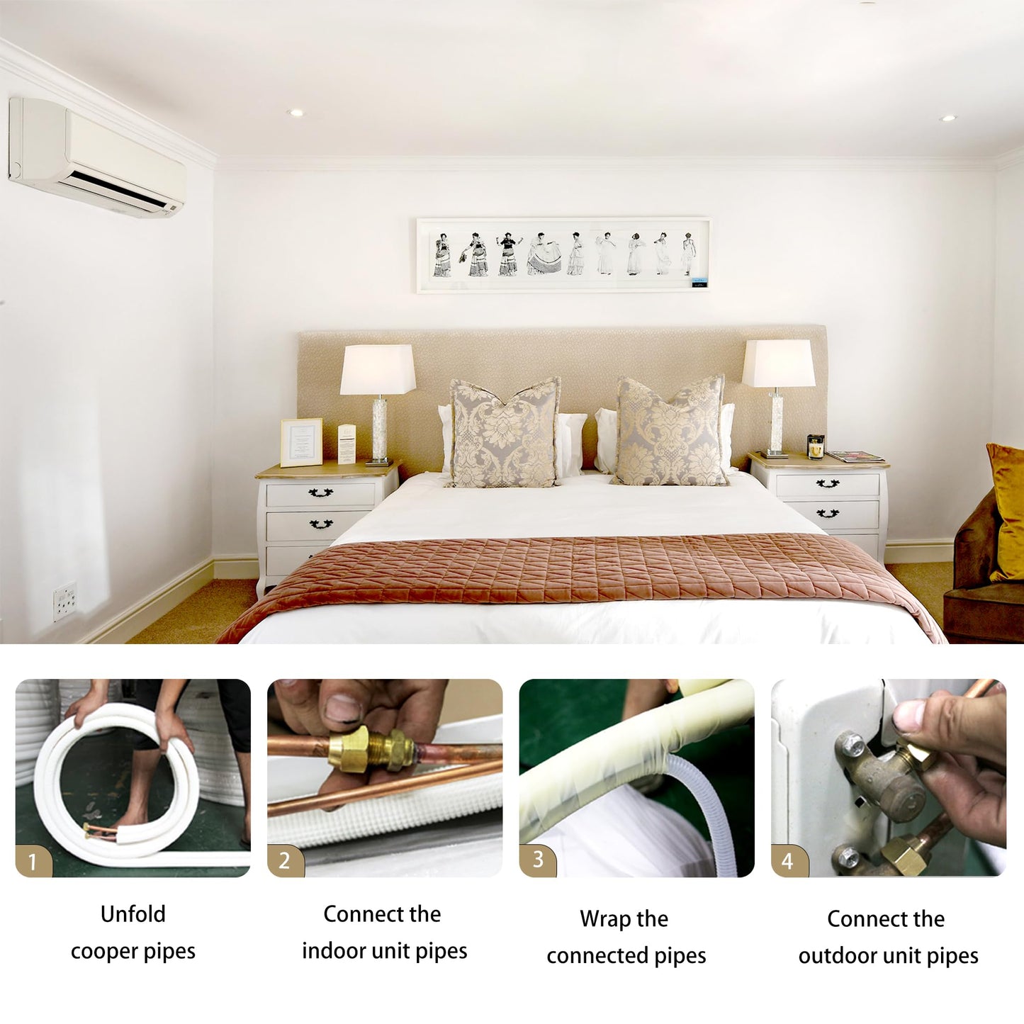 TAUROX 50FT Mini Split Line Set 1/4" & 1/2" O.D Copper Pipes Tubing and 3/8" White Thickened PE Insulation Coil, for Mini Split Air Conditioning or Heating Pump Equipment and HVAC with Flared Nuts.