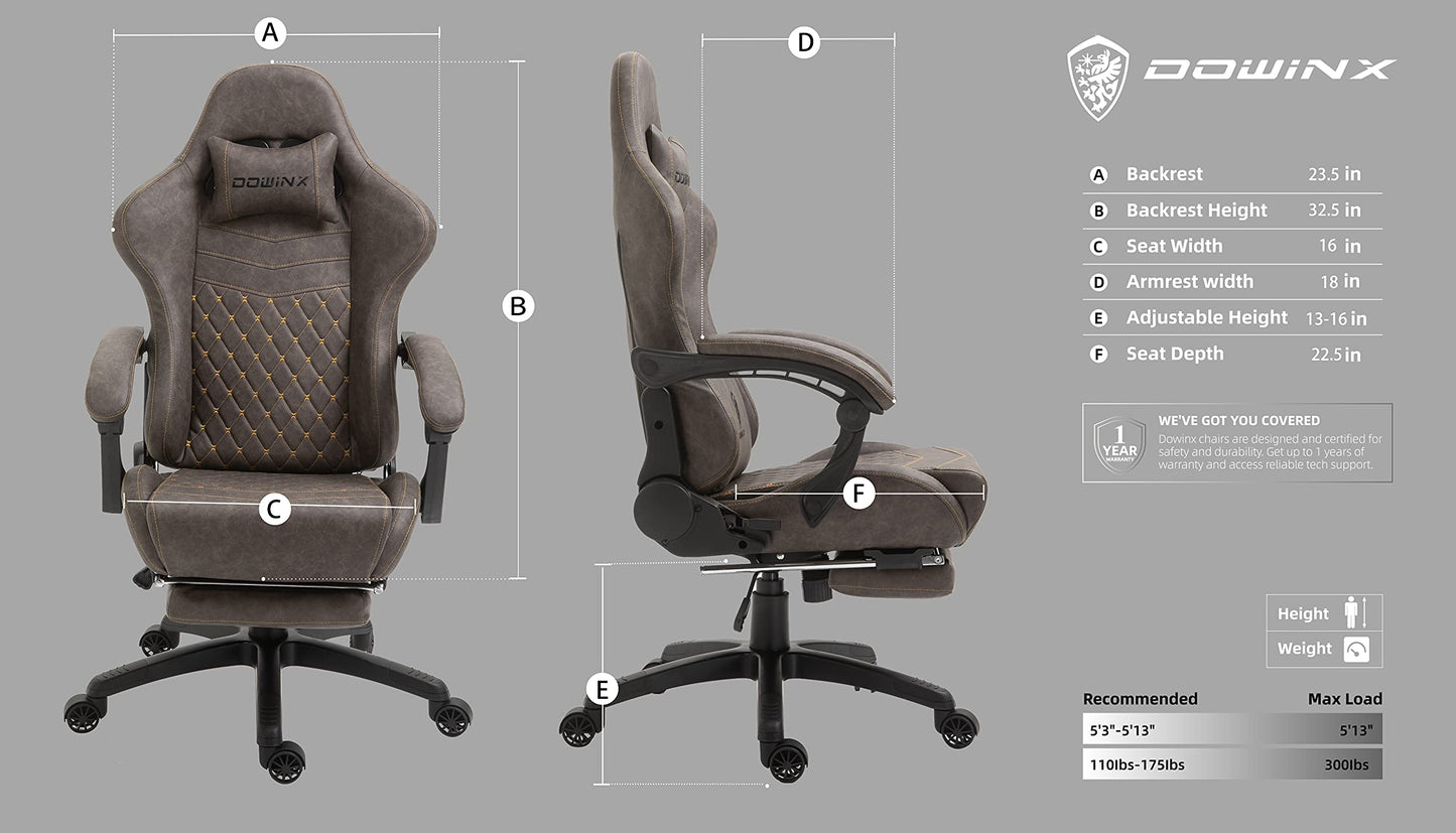 Dowinx Gaming Chair Big and Tall, Ergonomic Game Chair for Adults with Footrest and Massage Lumbar Support, High Back Computer Gamer Chair PU Leather, 350Lbs, for Office, Home, Brown