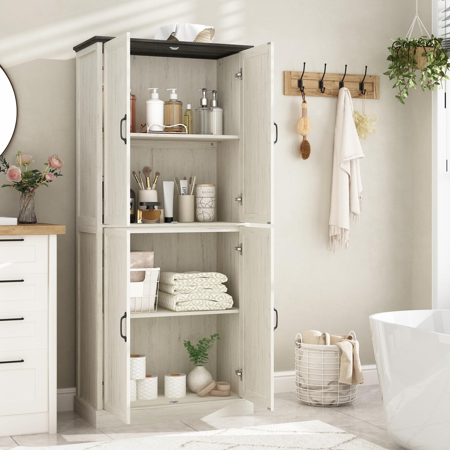 Tradare 71'' Tall Pantry Cabinet, Farmhouse Kitchen Pantry Storage Cabinet with Barn Door and Adjustable Shelves, Rustic White Wood Freestanding Cupboard for Kitchen, Dining Room