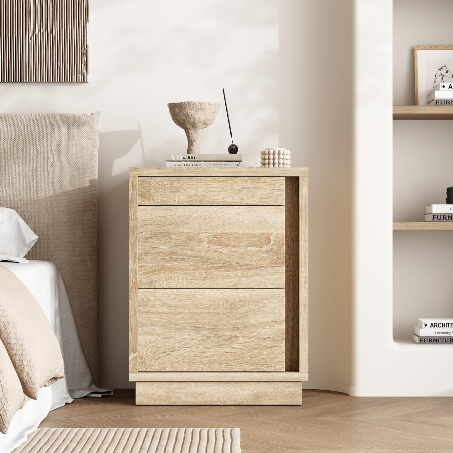 Homsee 31.3" H 4-Drawer Nightstand with Electronic Lock, Hidden Shelves & Gun Drawers, Versatile Wooden Night Stand Sofa End Bed-Side Table for Bedroom Living Room, Oak