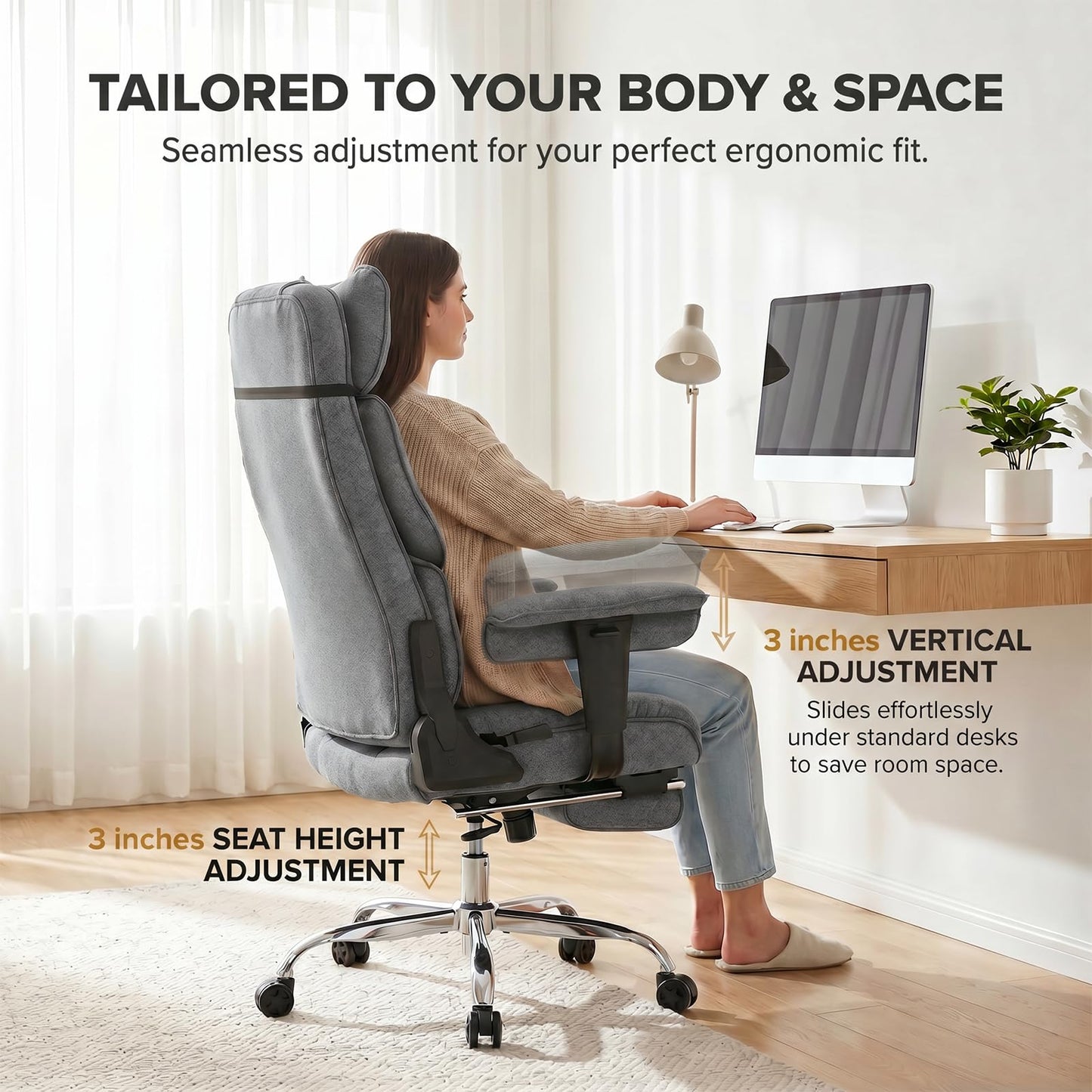 mokodo Big and Tall Office Chair 400lbs, Breathable Fabric Executive Desk Chair with Pocket Spring Cushion, 155° Reclining Computer Chair with Integrated Headrest & Lumbar Pillow (Grey)