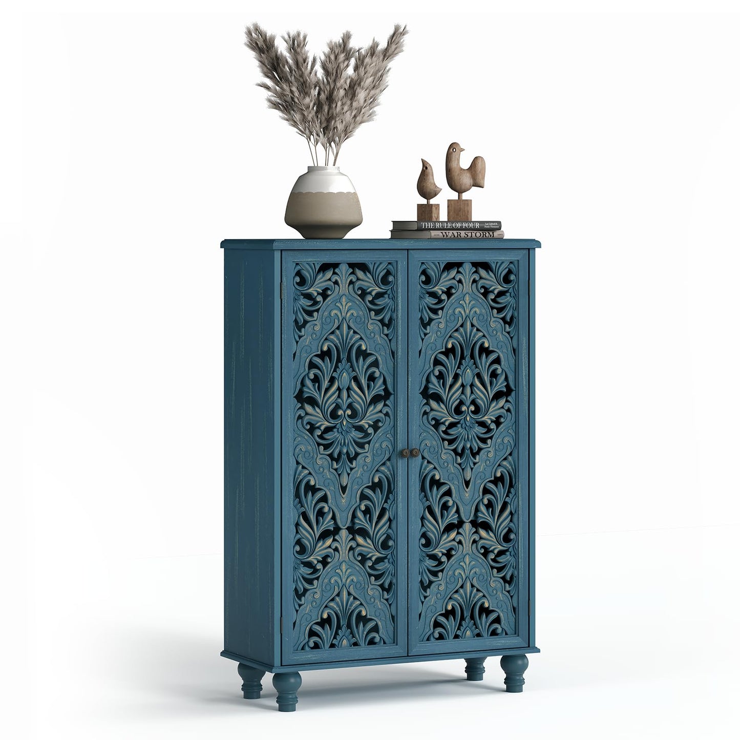 JOINICE 47" Tall Accent Cabinet with Carved Doors & Storage for Living Room,Blue Cabinet with Solid Wood Legs & 100lbs Capacity, Farmhouse/Rustic Style for Dining Room, Bedroom, Hallway, Home Office