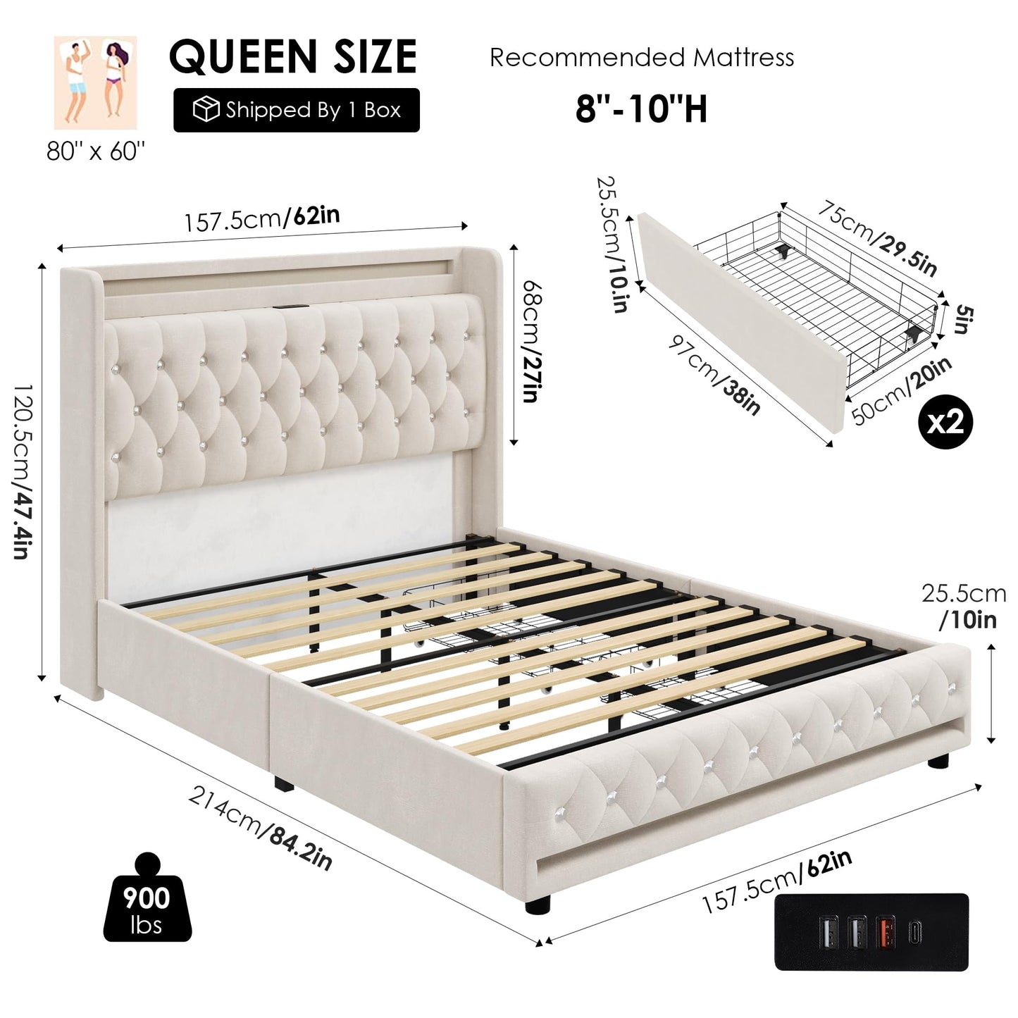HIFIT Queen LED Bed Frame with Charging Station and 2 Storage Drawers, Velvet Upholstered Platform Bed with Handcrafted Crystal Button Wingback Headboard, Metal Frame with No Box Spring Needed, Beige