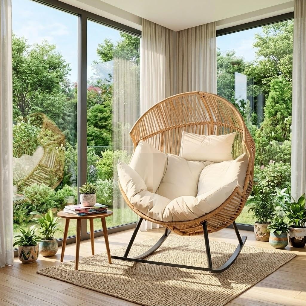 Oversized Outdoor Rocking Chair Set of 2, Wicker Egg Patio Lounge Chair Basket Seat with Thick Cushion, All Weather Indoor Outdoor Porch Rockers for Balcony, Living Room, Lawn Garden