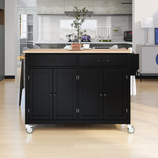 Merax Rolling Mobile Kitchen Island Cart with Wood Top and Locking Wheels, 4 Door Cabinets and 2 Drawers, Spice & Towel Rack, 54.3 Inch Width, Black