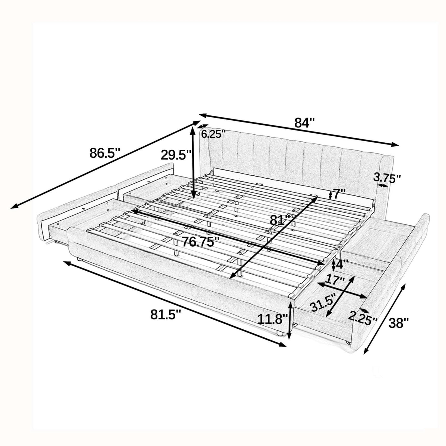 KEIKI Thick Chenille King Bed Frame with 4 Storage Drawer & Upholstered Tufted Cushioned Headboard, Modern Solid Wood Floor Platform Cloud Bed Frame for Bedroom, No Box Spring Needed, Beige
