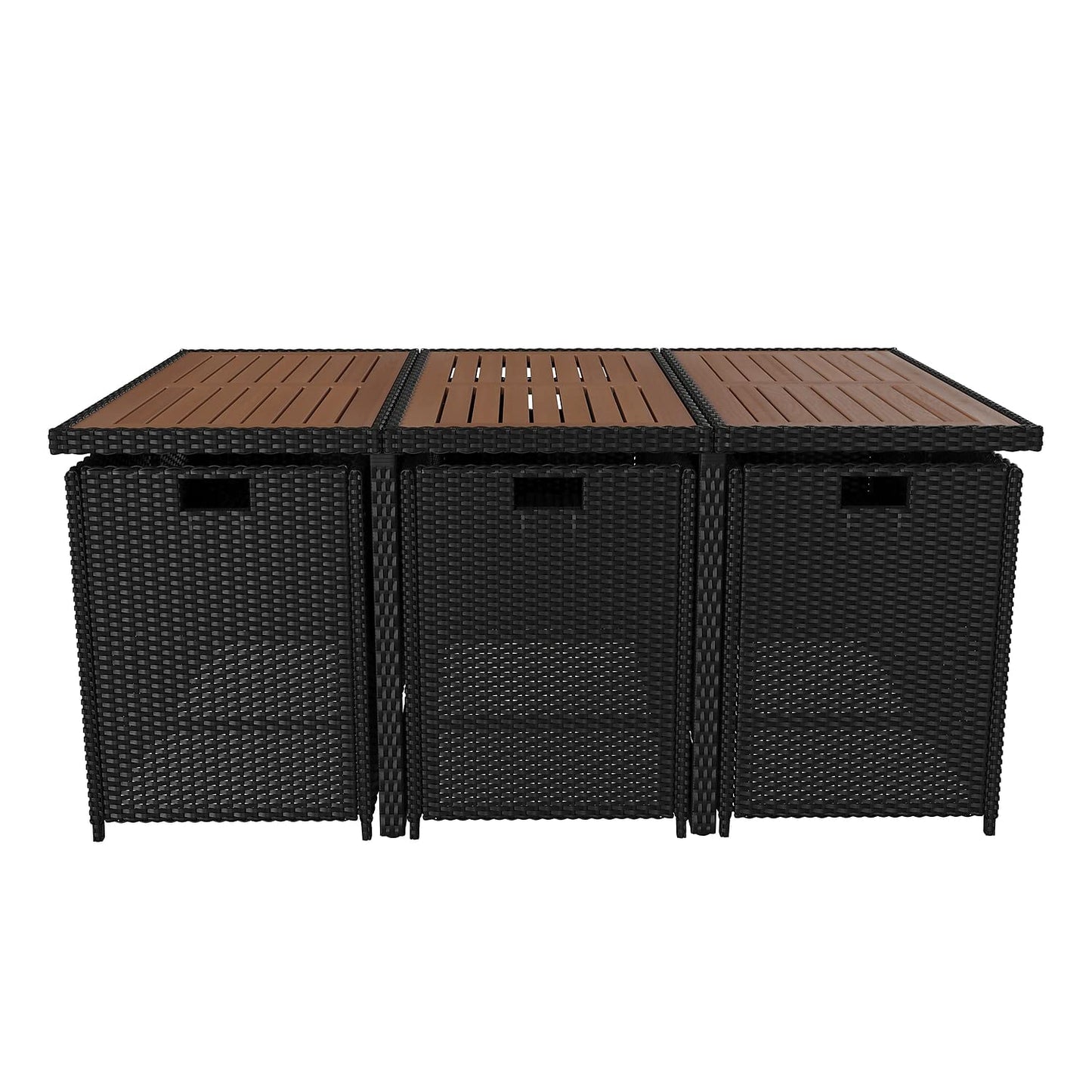 Flash Furniture Peregrine 7 Piece Outdoor Patio Dining Set - Space Saving Black Wicker Modular Chairs & Cream Cushions-Natural Finish Acacia Wood Table-Seating for 6