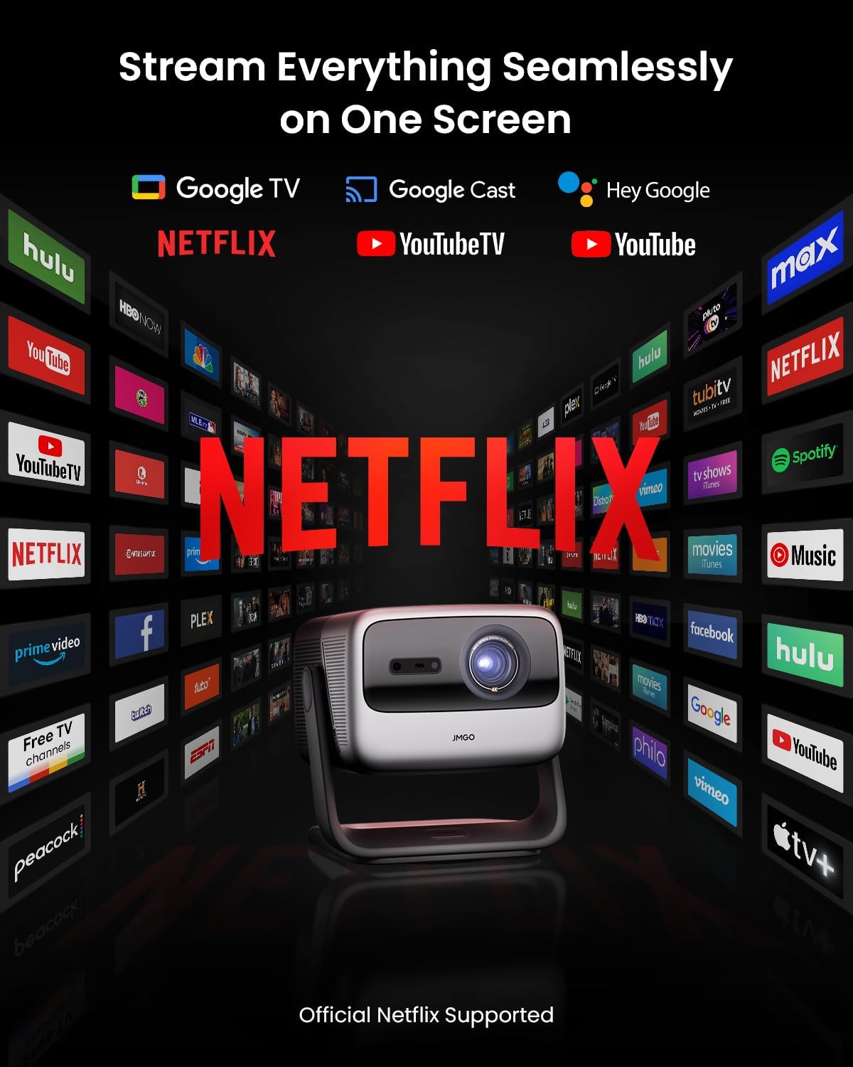 JMGO N1S Ultimate Triple Laser 4K Projector, 3300 ISO Lumens Projector, Google TV Netflix, Real-Time Auto Screen Fit, HDR10, 300", Blu-ray 3D, Home Theater Projector with 20W Dolby Digital+