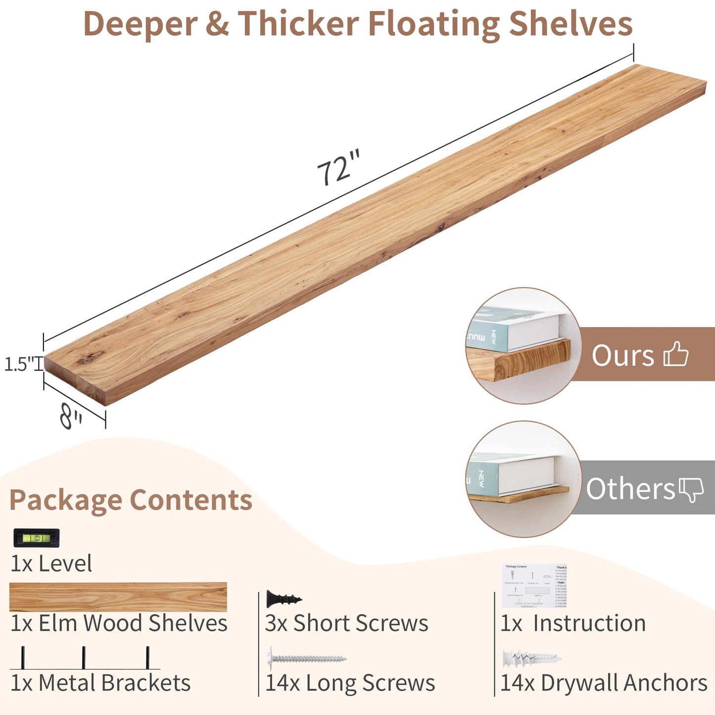 Axeman Rustic Elm Wood Floating Shelves - 72'' W x 8" D Wall Mantel Shelf with Invisible Bracket, Large Long Wall Mounted Storage Shelves for Living Room, Bedroom, Kitchen, Bathroom, Natural