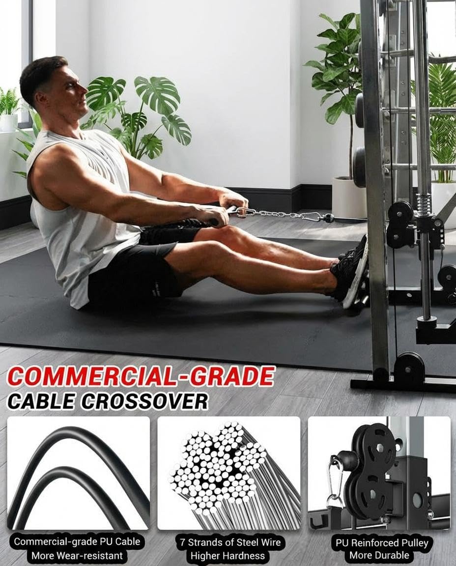 Smith Machine Home Gym All-in-1, 2200LBS Power Cage with Dual Cable Pulley Systems, LAT Pull-Down & Leg Hold-Down | Complete Strength Training Equipment for Full Body Workouts