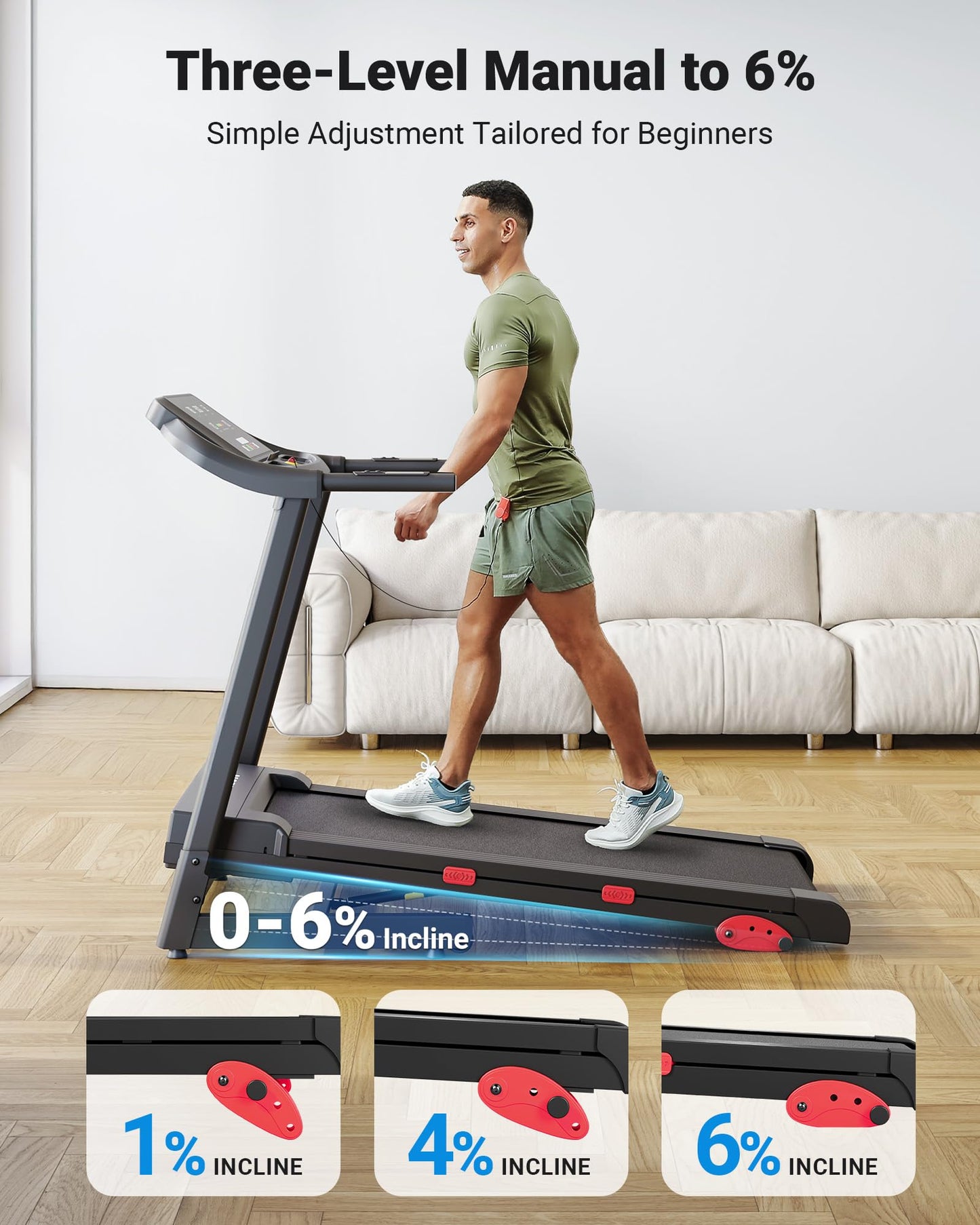 THERUN Incline Treadmill, Manual Incline Treadmill for Running and Walking, 300 lbs Weight Capacity, Wide Belt,3.0HP,18" LED Screen, 2 Layers Shock-Absorbing, Red