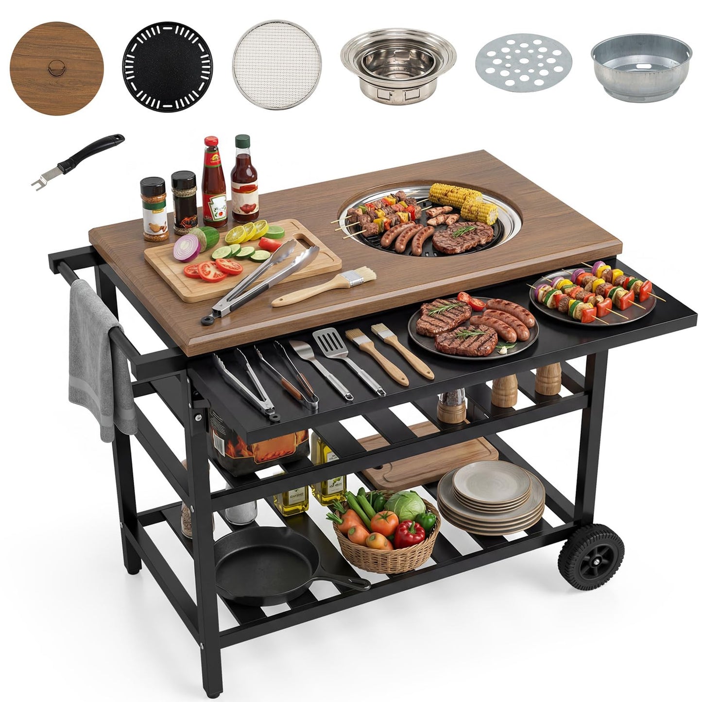 Giantex Outdoor Grill Cart with Korean BBQ Charcoal Grill, Dual Cooking Surfaces, Rolling Food Prep Table with Foldable Side Shelf, Storage Shelves, Wood-Look Top, for Patio, Party & Backyard Cooking