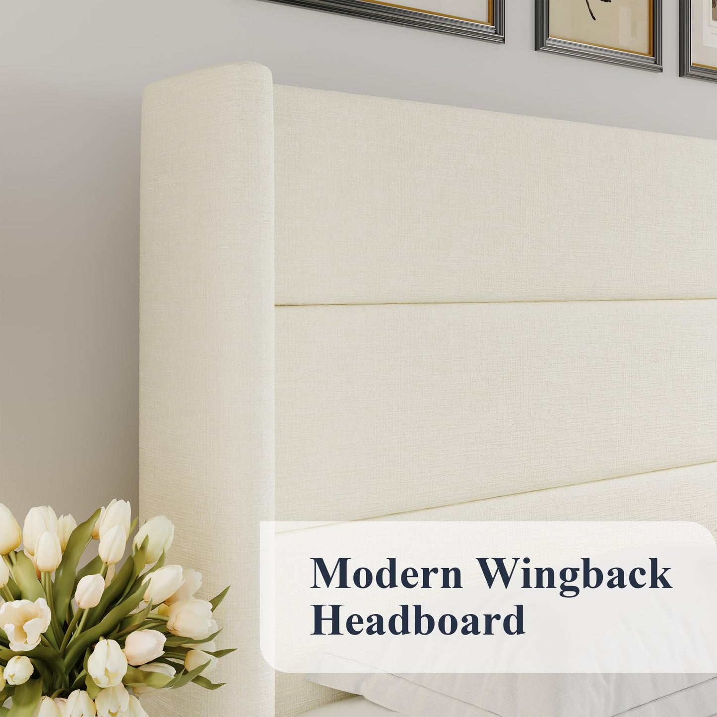 Allewie Queen Size Lift Up Storage Bed, Chenille Fabric Upholstered, Modern Wingback Headboard, Hydraulic Support, No Box Spring Needed, Cream White