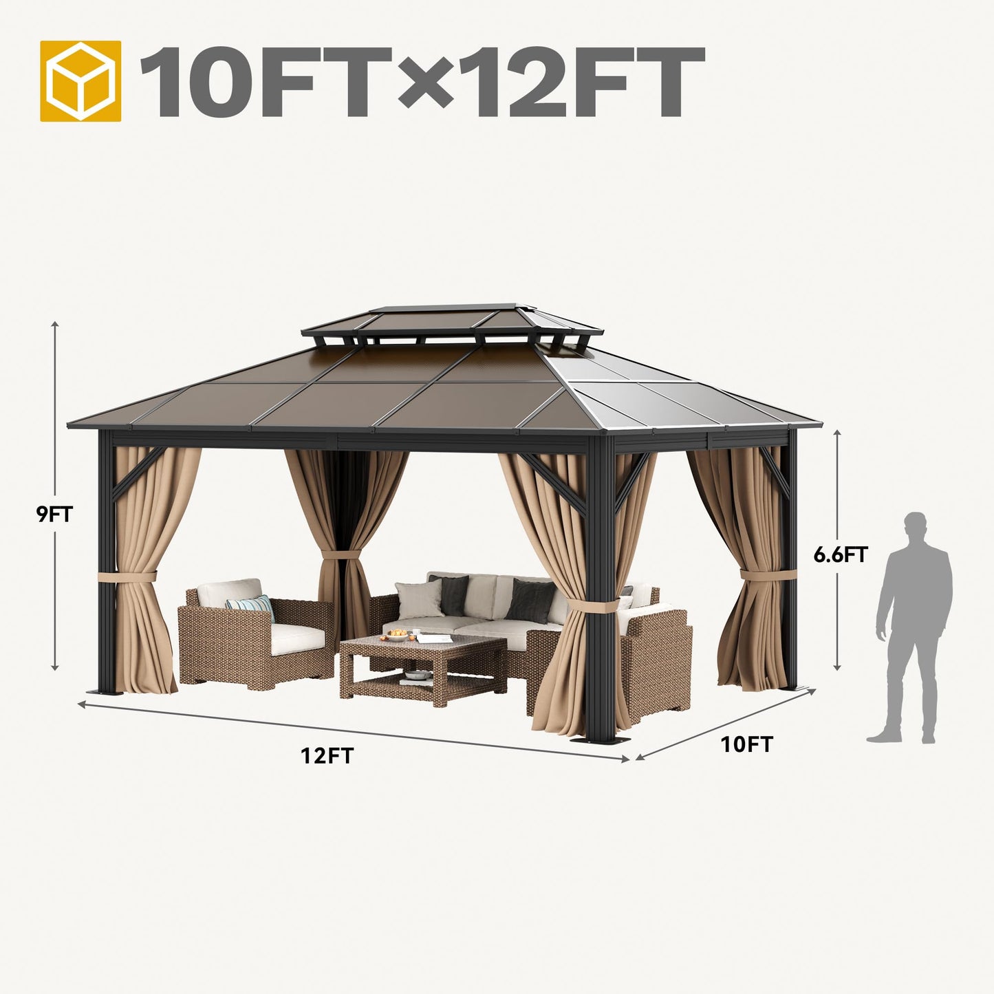 DWVO 10x12ft Hardtop Gazebo Double Roof Polycarbonate Canopy Outdoor with Netting and Shaded Curtains, Metal Frame Garden Tent for Patio, Backyard, Deck and Lawns, Brown