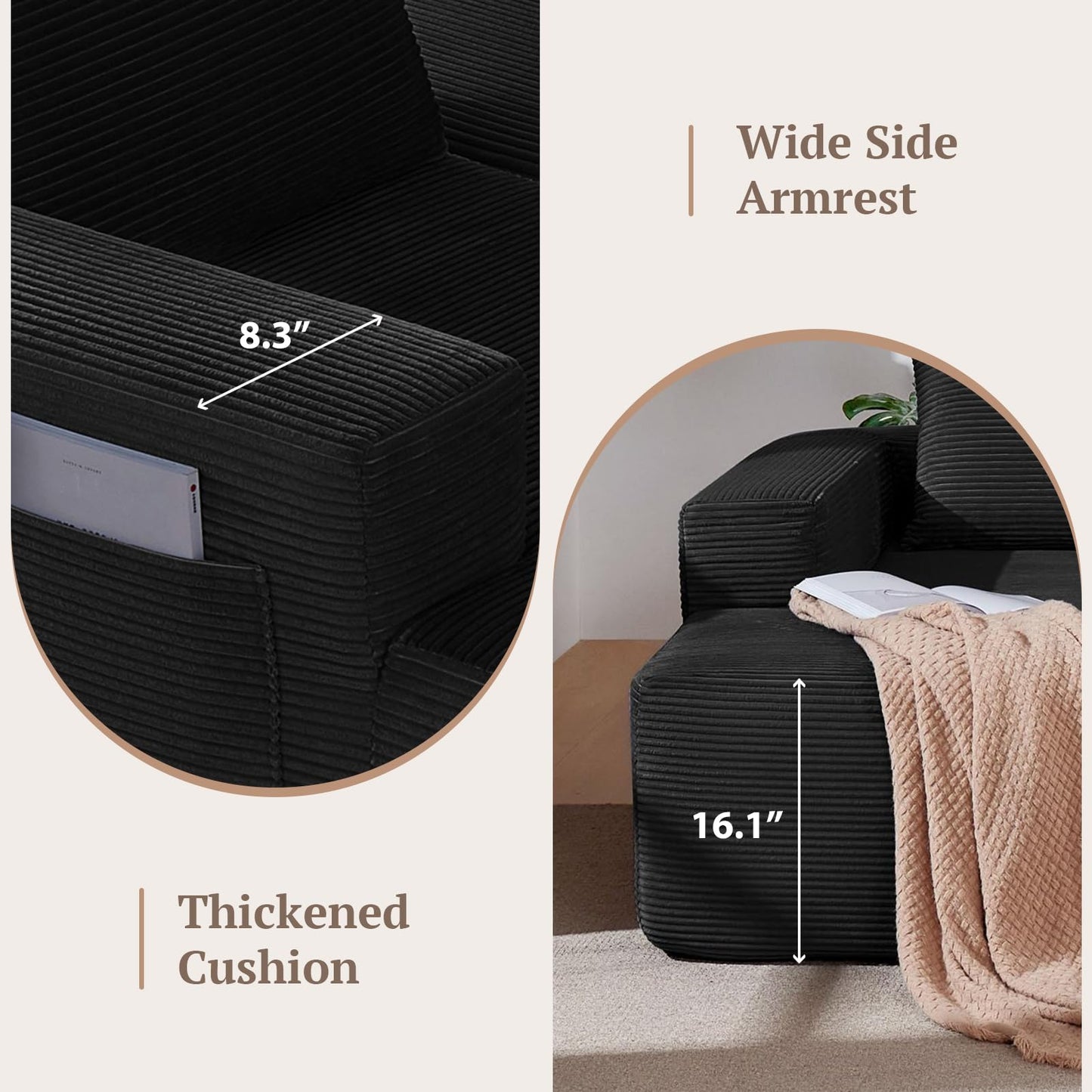 Yafylly 96.9 Inch Boneless L-Shaped Sectional Sofa, No Assembly Compressed Modular Couch with Memory Foam Deep Seat, Throw Pillow & Side Pockets for Living Room, Bedroom, Apartment, Black Left