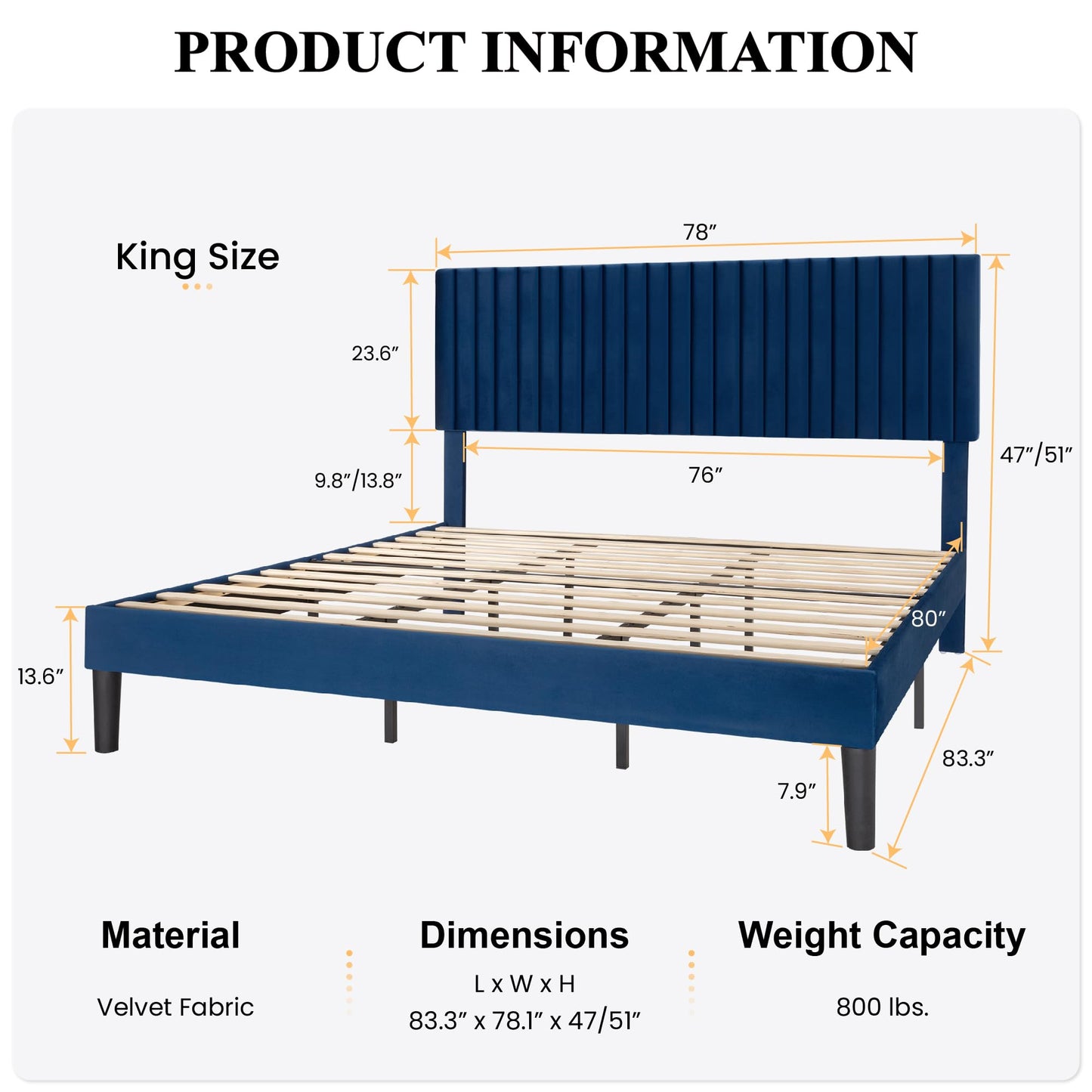 SHA CERLIN King Upholstered Platform Bed Frame with Vertical Channel Tufted Velvet Fabric Adjustable Headboard, Wooden Slats Support, Mattress Foundation, Box Spring Optional, Blue