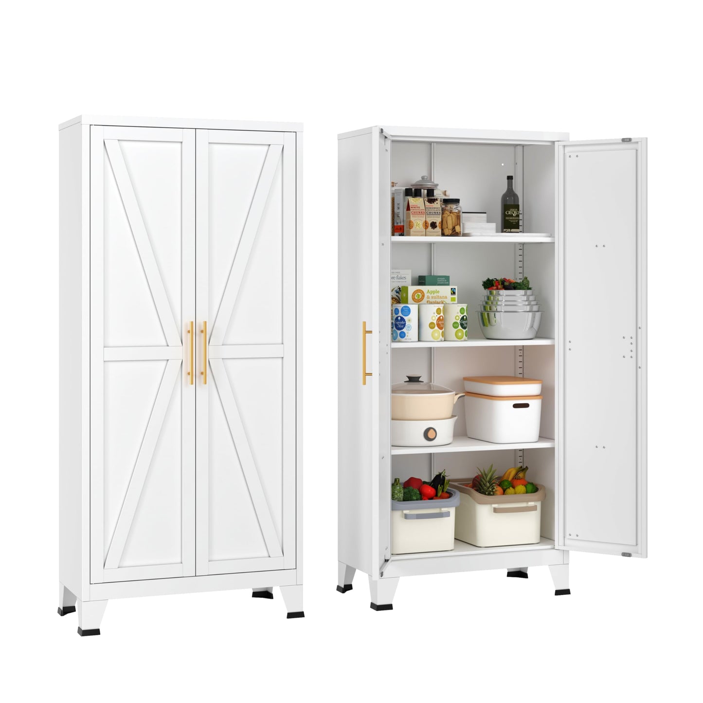 Elitehouse 61" Tall Metal Storage Cabinet with Barn Doors and 3 Adjustable Shelves,4-Tier Large Kitchen Pantry Cabinet for Kitchen, Bathroom, Dining Room, Utility Room - White
