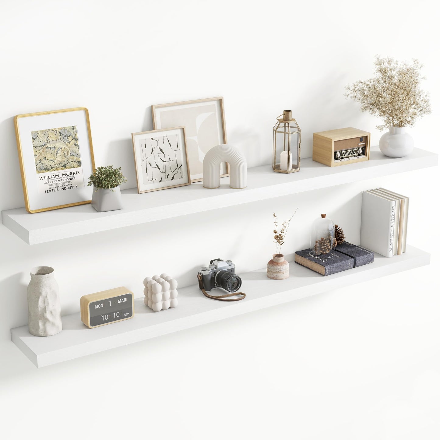 72 Inch Floating Shelves for Wall, 8 Inch Deep Floating Shelf for Storage & Display, Rustic Wall Mounted Shelf with Invisible Brackets for Living Room, Kitchen, Bathroom, Home Decor, Set of 2, White
