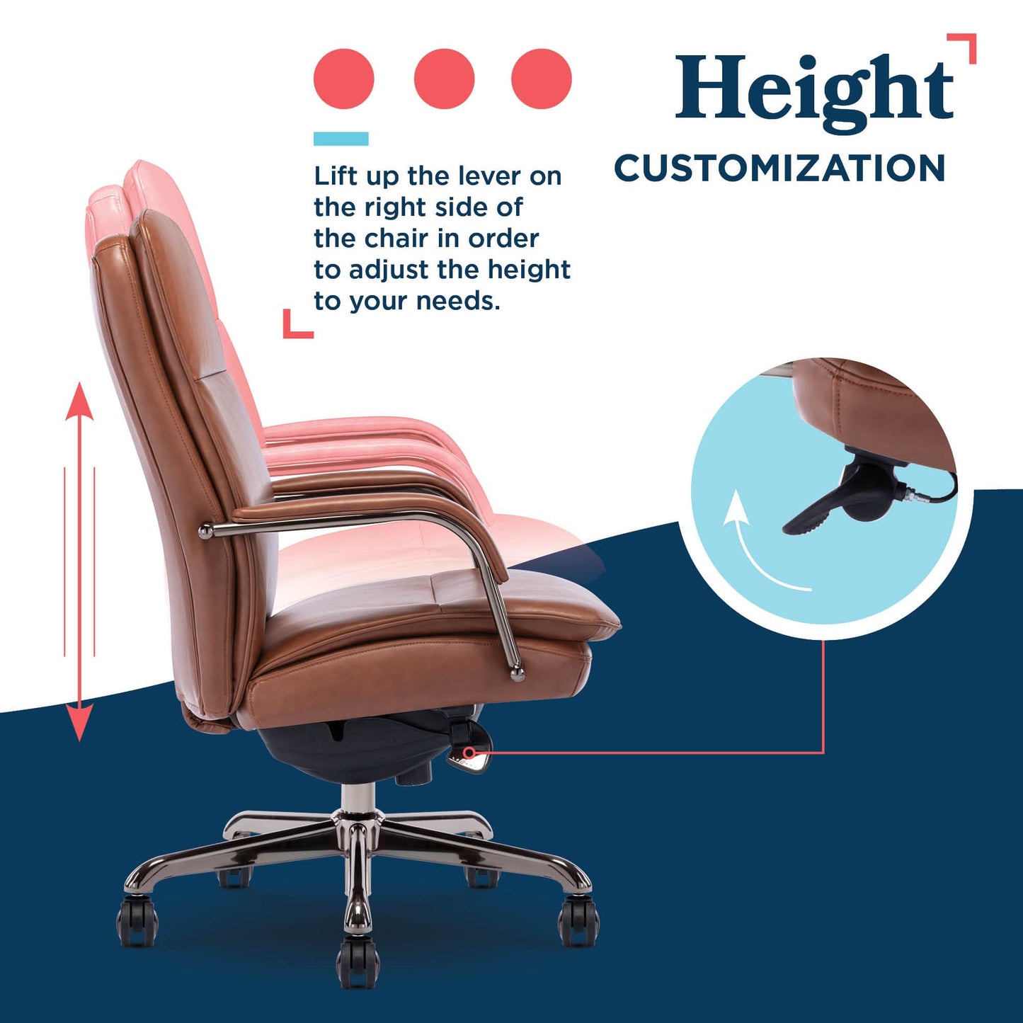 La-Z-Boy Opus Executive Mid-Back Office Chair, Channel-Tufted Seat and Back, Double-Layer Cushion, Padded Arms, Ergonomic Computer Desk Chair, Swivel Metal Base, Bonded Leather, Cognac and Graphite