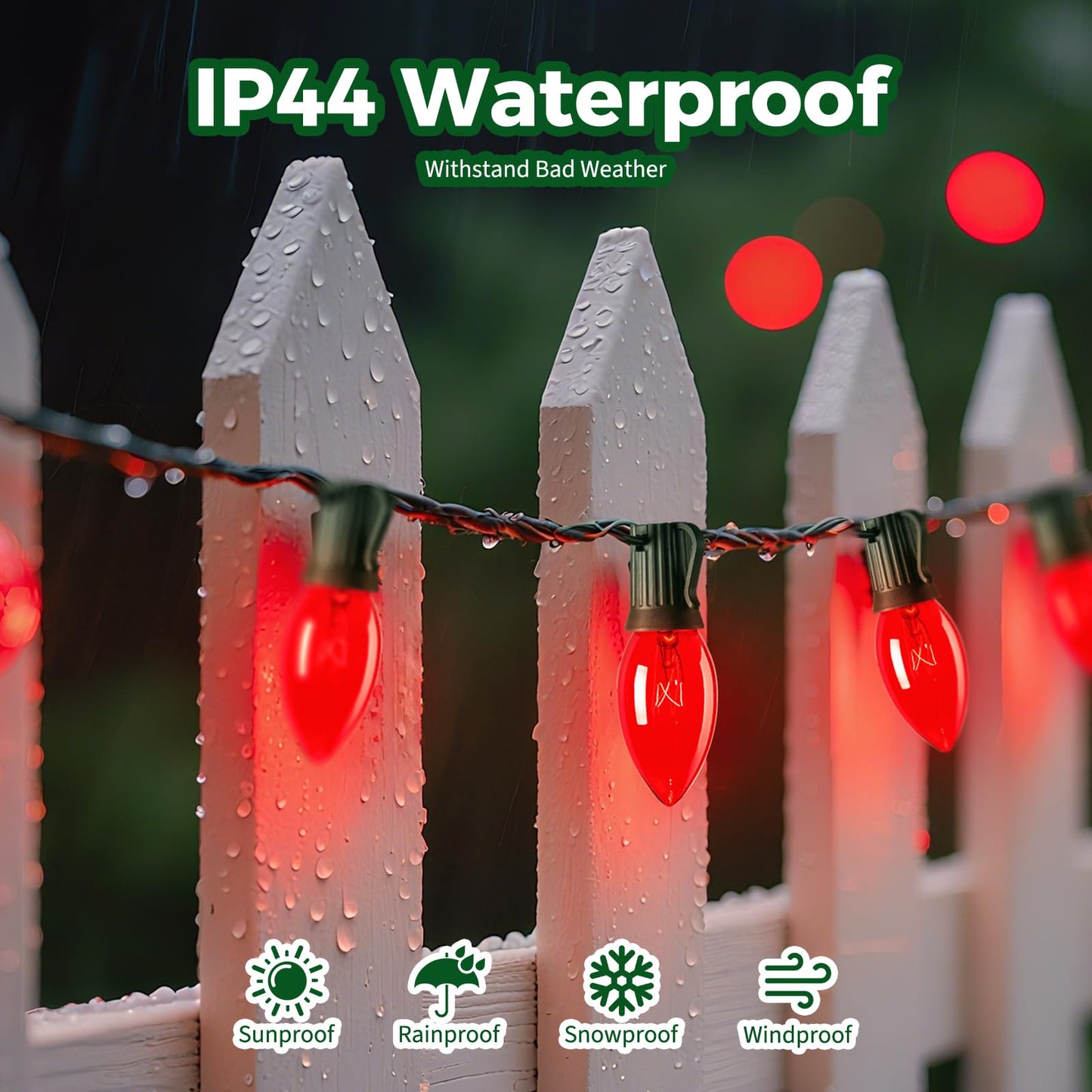 Minetom C9 Christmas String Lights, 50ft Red Bulbs, Green Wire, Outdoor/Indoor Holiday Decoration