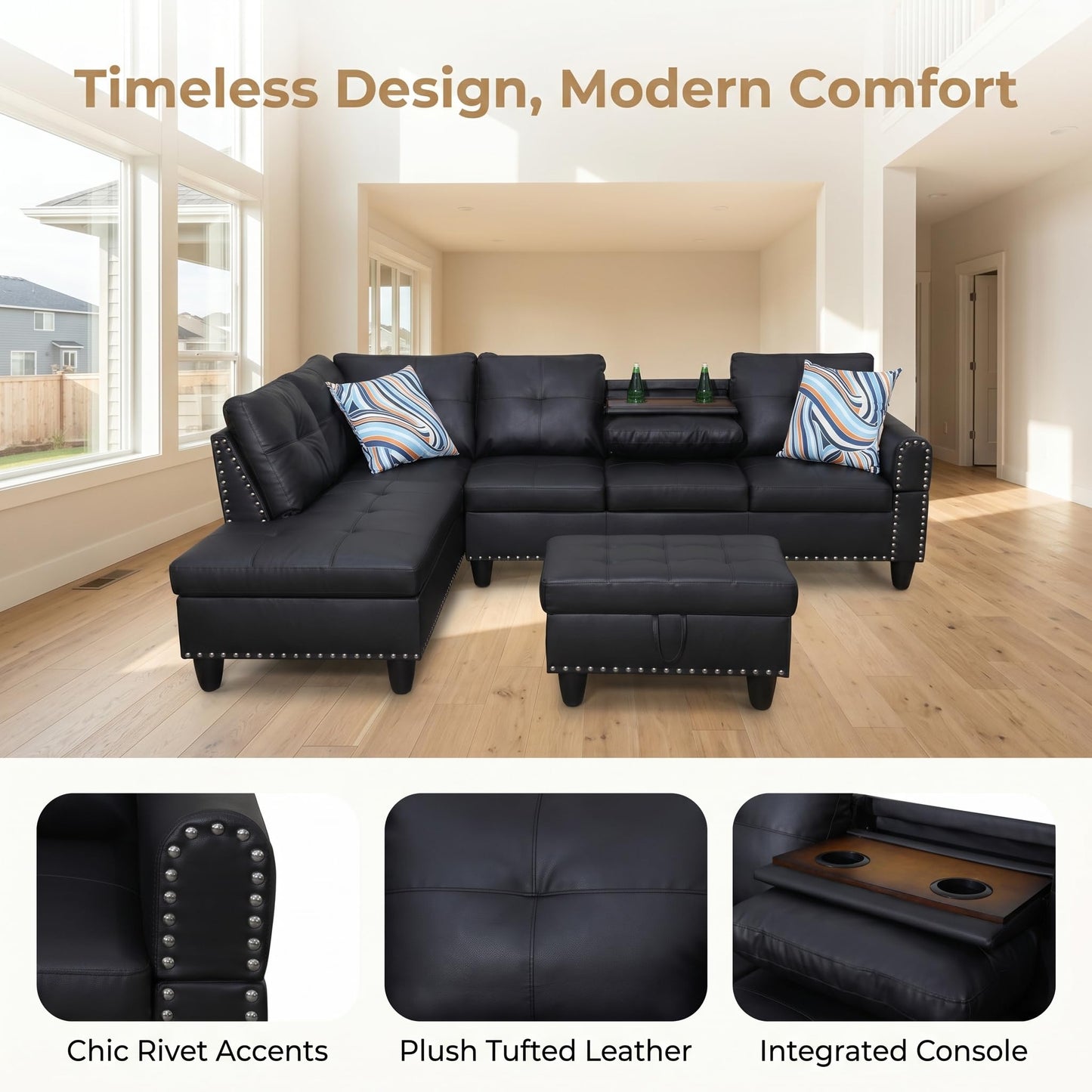 Trygoal 97.5" Leather L Shaped Couch with Left Chaise & Cup Holder, Sectional Sofas Modular Furniture Set with Storage Ottoman, Convertible Couches for Living Room, Small Space & Office (Black)
