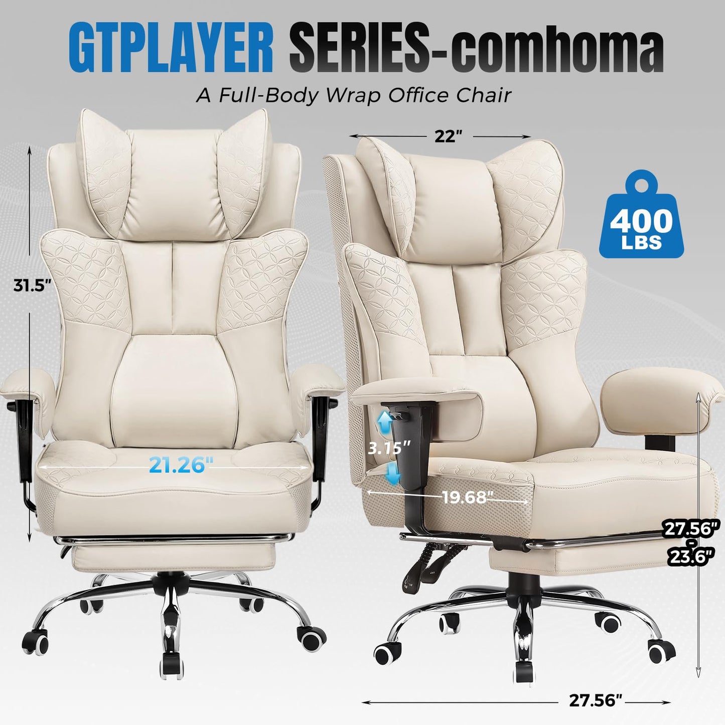 GTPLAYER Big and Tall Office Chair, Wide Ergonomic Gaming Chair with Deluxe Embossing Designed Leather with Foot Rest,150°Reclining Adjustable Soft Armrests Pocket Spring Back Support and Pillow