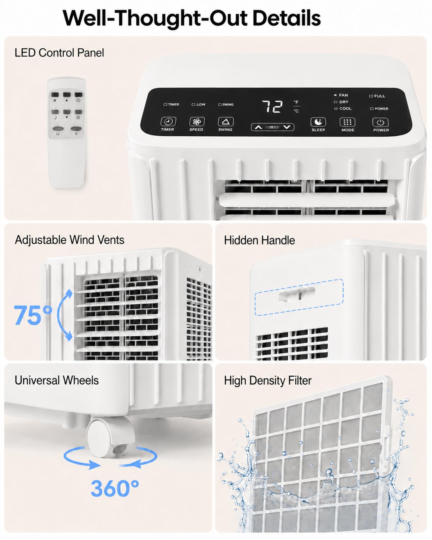 8,000 BTU Portable Air Conditioners, Cools Room Up to 350 Sq.Ft, 4-in-1 AC Unit with Dehumidifier & Fan Mode, Remote Control, Ultra-Quiet 50dB, White & Black, Easy Window Kit