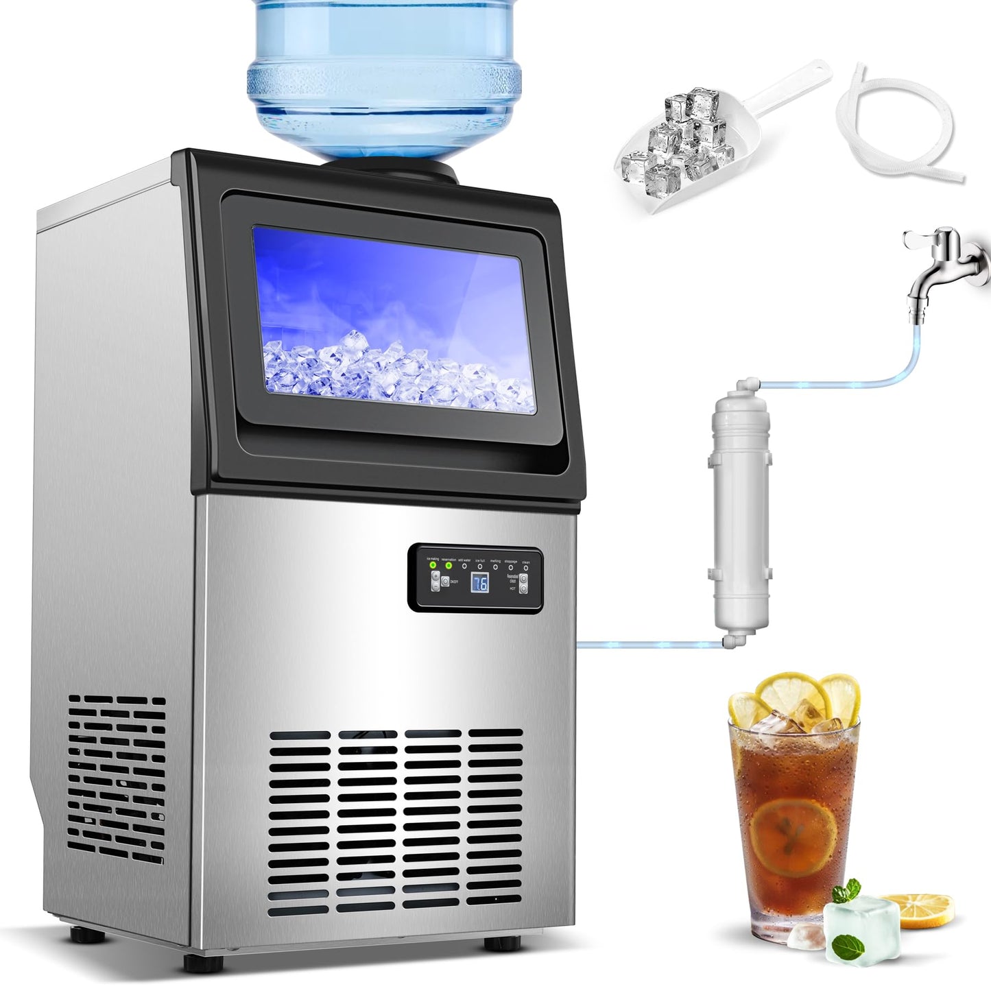Amzgachfktch Commercial Ice Maker, 110lbs/24H Under Counter Ice Maker with 2 Water Inlet, Ice Maker Machine with 22lbs Storage, Auto Self-Cleaning, Freestanding Ice Machine for Home Office Bar