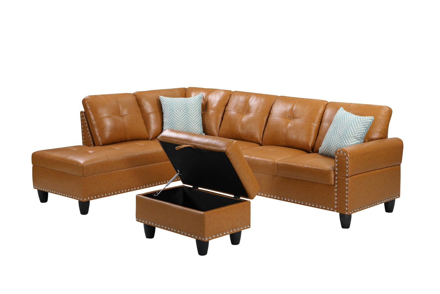 Favfurish 98" L Shaped Sectional Sofa Set with Storage Ottoman Reversible Back Cushion Cupholders,Faux Leather Upholstered Modular Couch for Living Room,Office,Home Furniture,Ginger