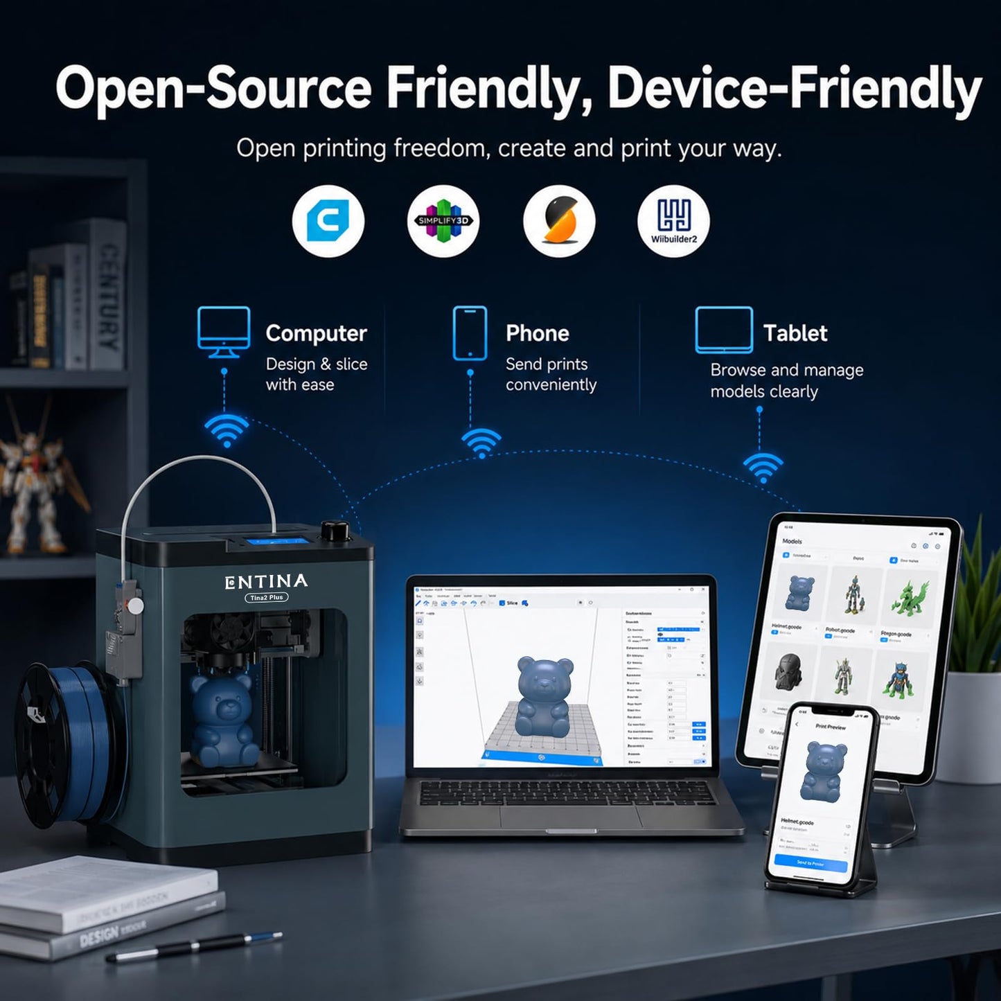 Entina Tina2 Plus 3D Printer, 250mm/s Fast Printing 3D Printer for Beginners & Kids, WiFi & App Control, Fully Assembled, Auto Leveling, PEI Build Plate, Open Source Mini 3D Printers for Home & School