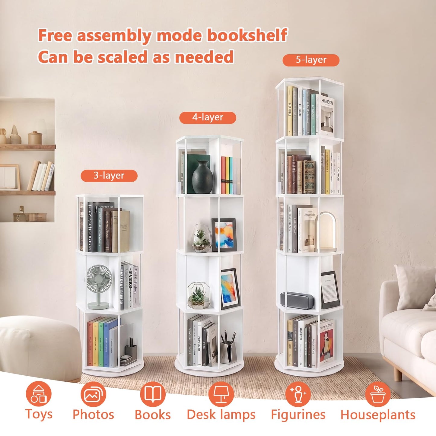 VIWODS Rotating Bookshelf, 5 Tier Spinning Bookshelf Tower, Revolving 360° Hexagonal Bookcase Storage,Vertical Turning Corner Book Shelf for Bedroom, Study Room, White
