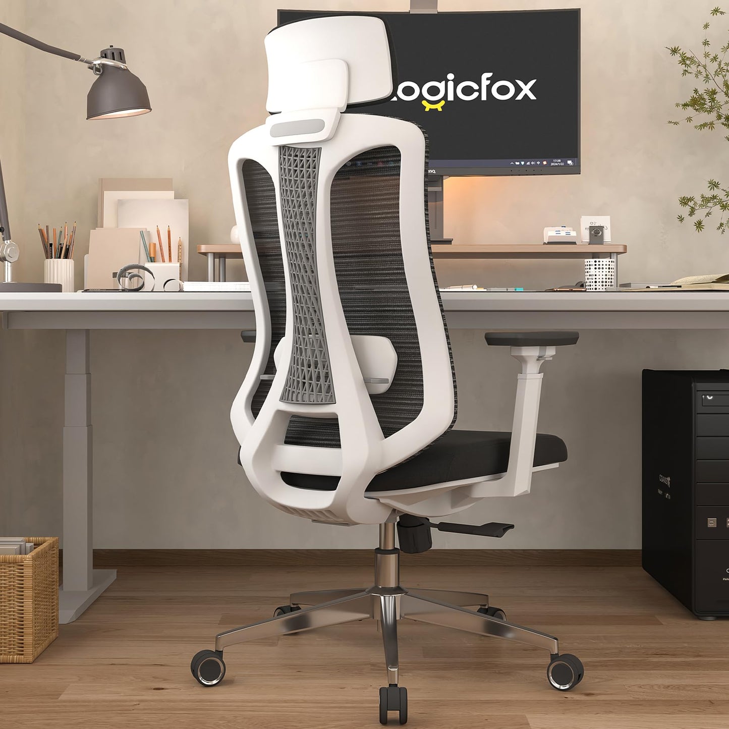 Logicfox Ergonomic Mesh Office Chair, Computer Desk Chair with 3D Armrests, Adjustable Lumbar Cushion and Adjustable Headrest, White High Back Home Office Chair with Tilt Function, Computer Chair