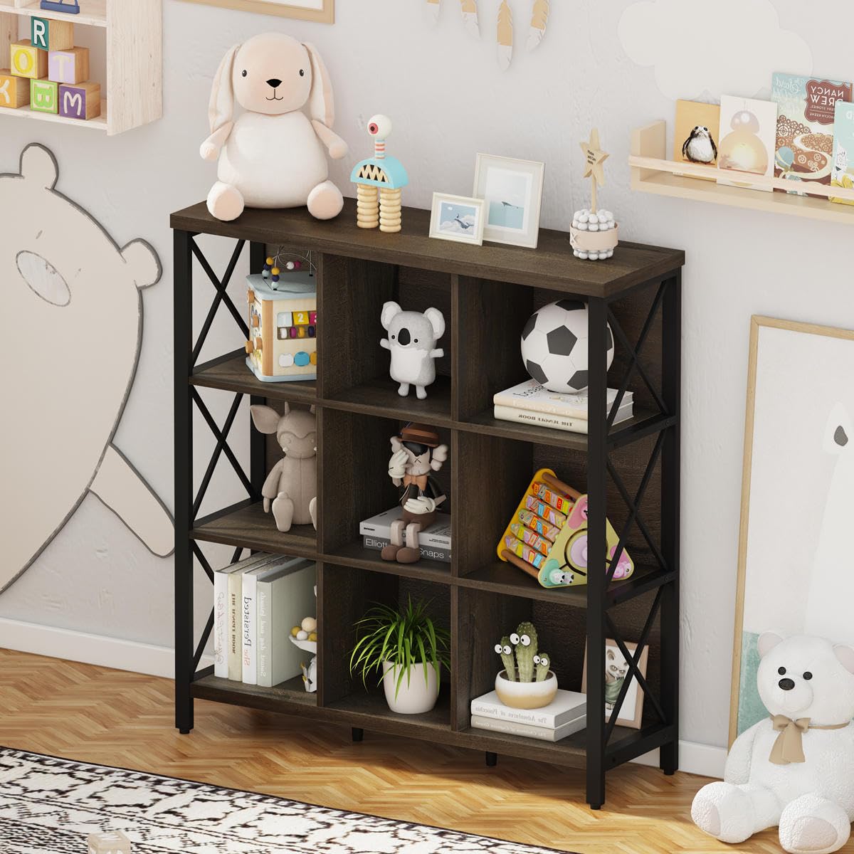 FATORRI 9 Cube Storage Bookshelf, Modern 4 Shelf Book Shelf, Wood and Metal Cubby Bookcase for Home Office (39.38 Inch W, Walnut Brown)