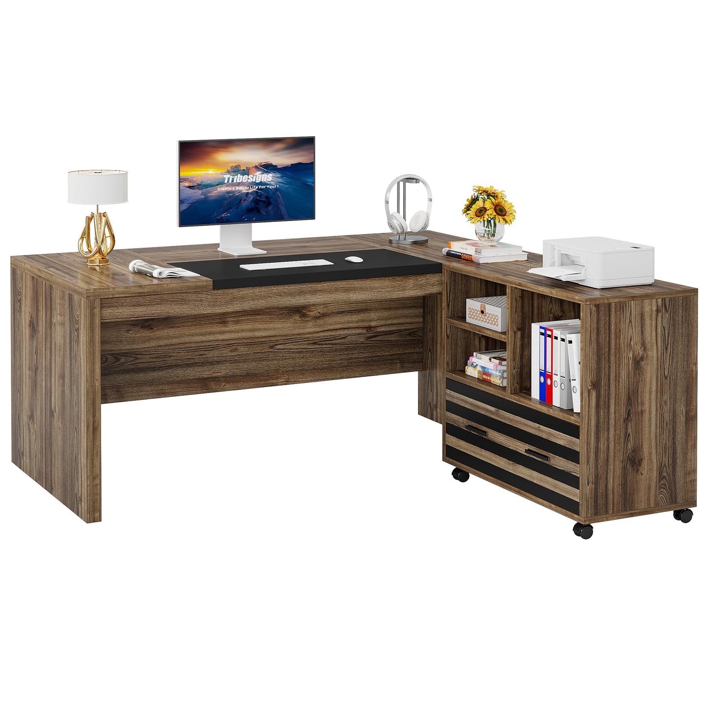 Tribesigns 62.2" Executive Desk with Mobile File Cabinet, L-Shaped Office Desk with Storage Shelves, Large Computer Desk Business Workstation Set for Home Office, Light Brown