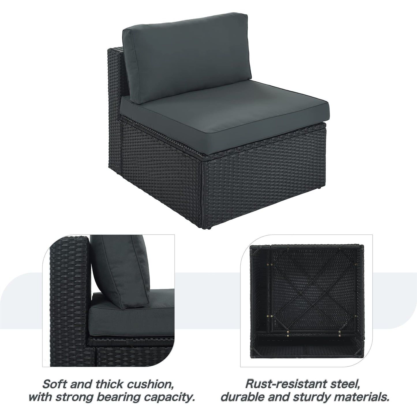 Merax 7-Piece Outdoor Wicker Sectional Sofa Set,Modular Rattan Conversation Set with Gray Cushions,Striped Green Pillows & Tempered Glass Coffee Table for Patio,Garden,Deck,Black