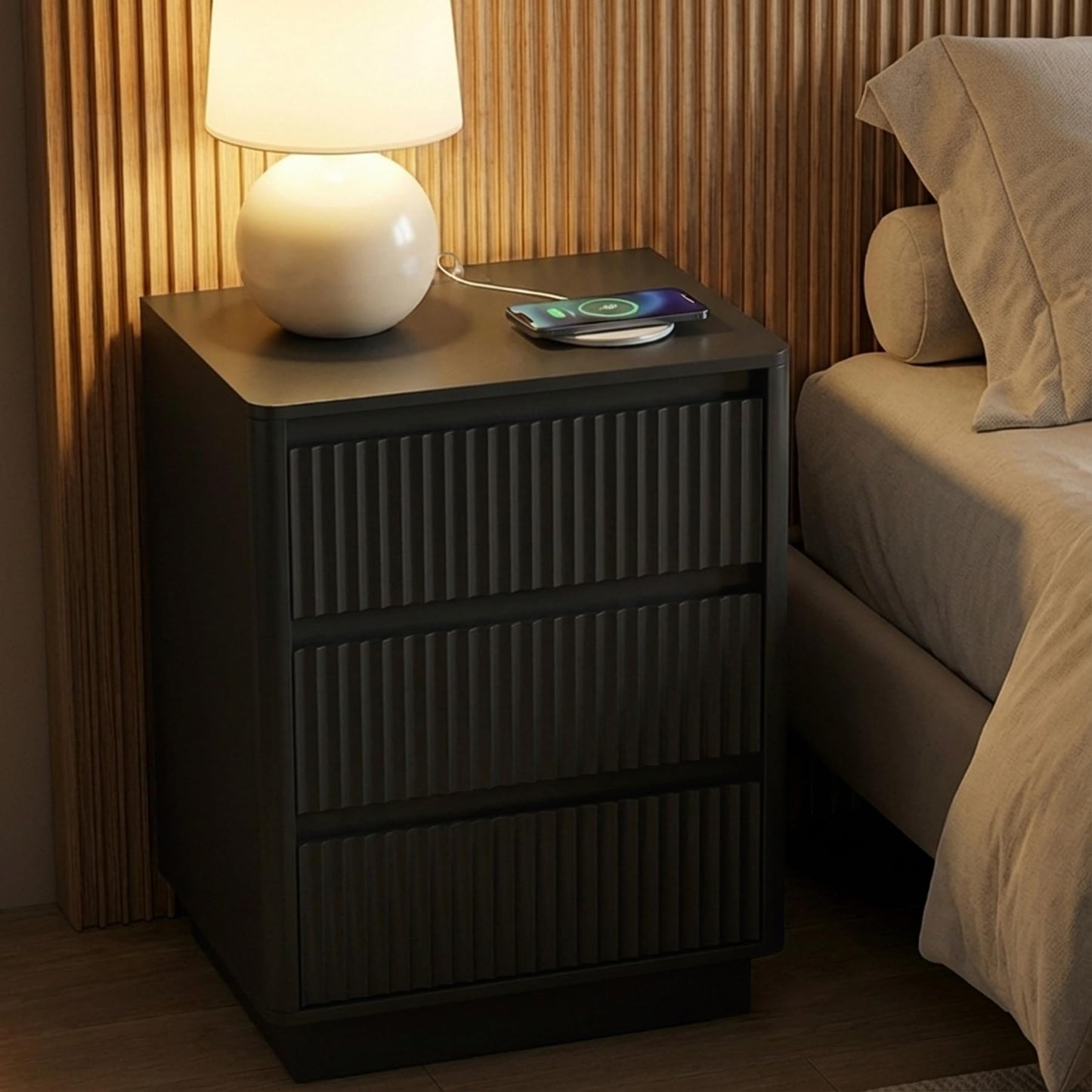 Set of 2 Nightstands with Charging Station, Rounded Corner Fluted Bedside Tables with 3 Drawers & Cable Management, Modern End Tables for Bedroom, Black